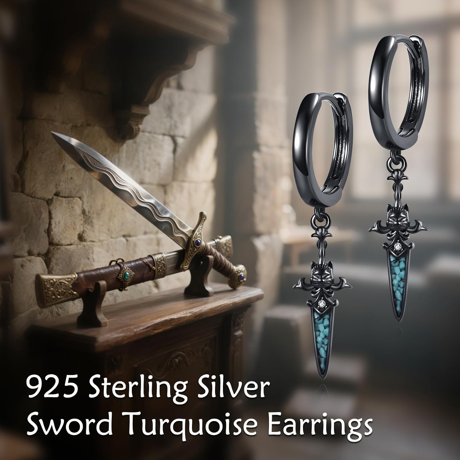 Sword Earrings Sterling Silver Sword Turquoise Dangle Earrings Punk Jewelry Gifts for Men Women - Image 4
