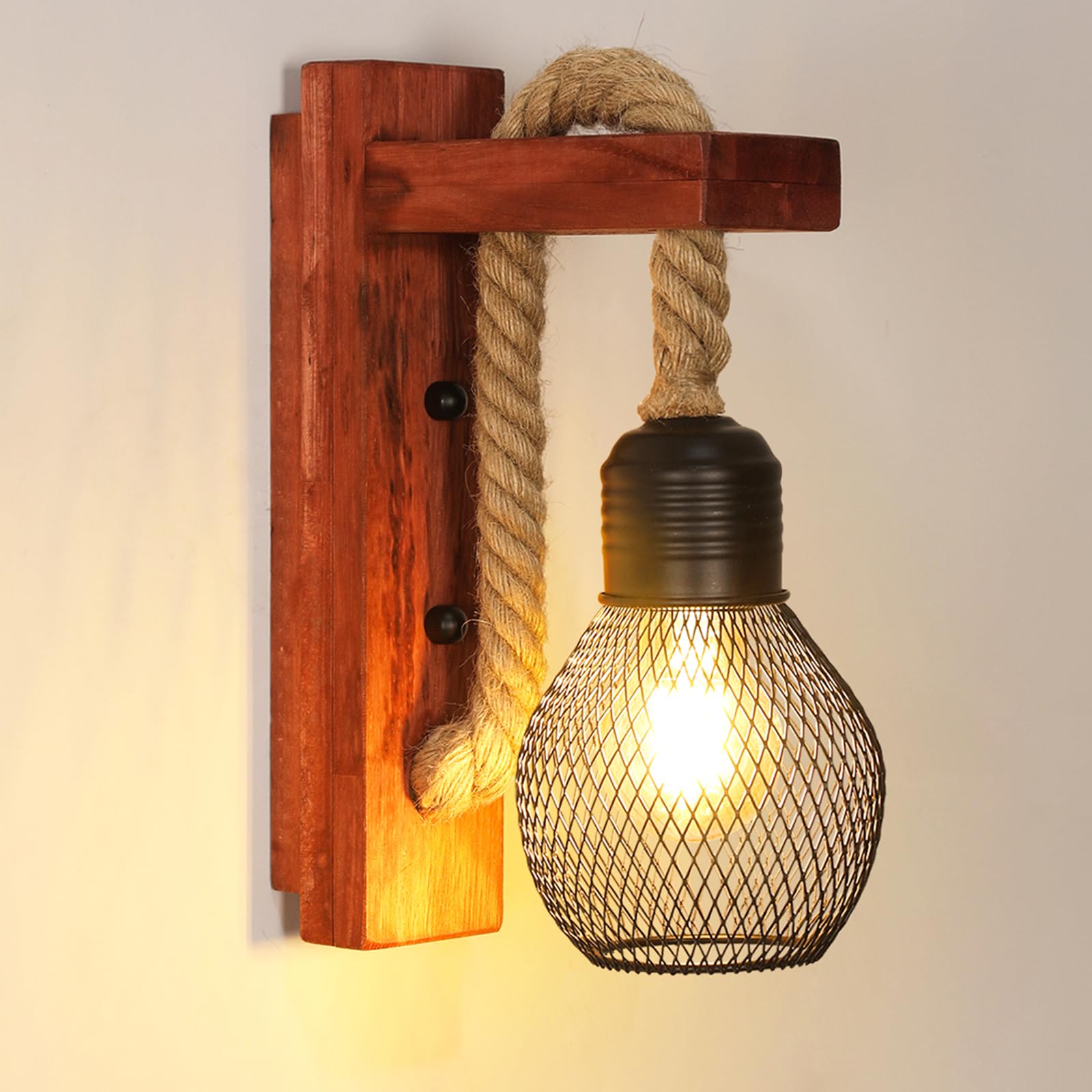 Pheashine Retro Wandleuchte Innen, Schwarz Metall Wandlampe Aus Holz, Handgefertigt Mit Hanfseil Optik, E27 Fassung, Wandleuchten Innen Holz für Schlafzimmer, Flure, Esszimmer, Bars (Ohne Glühbirne)