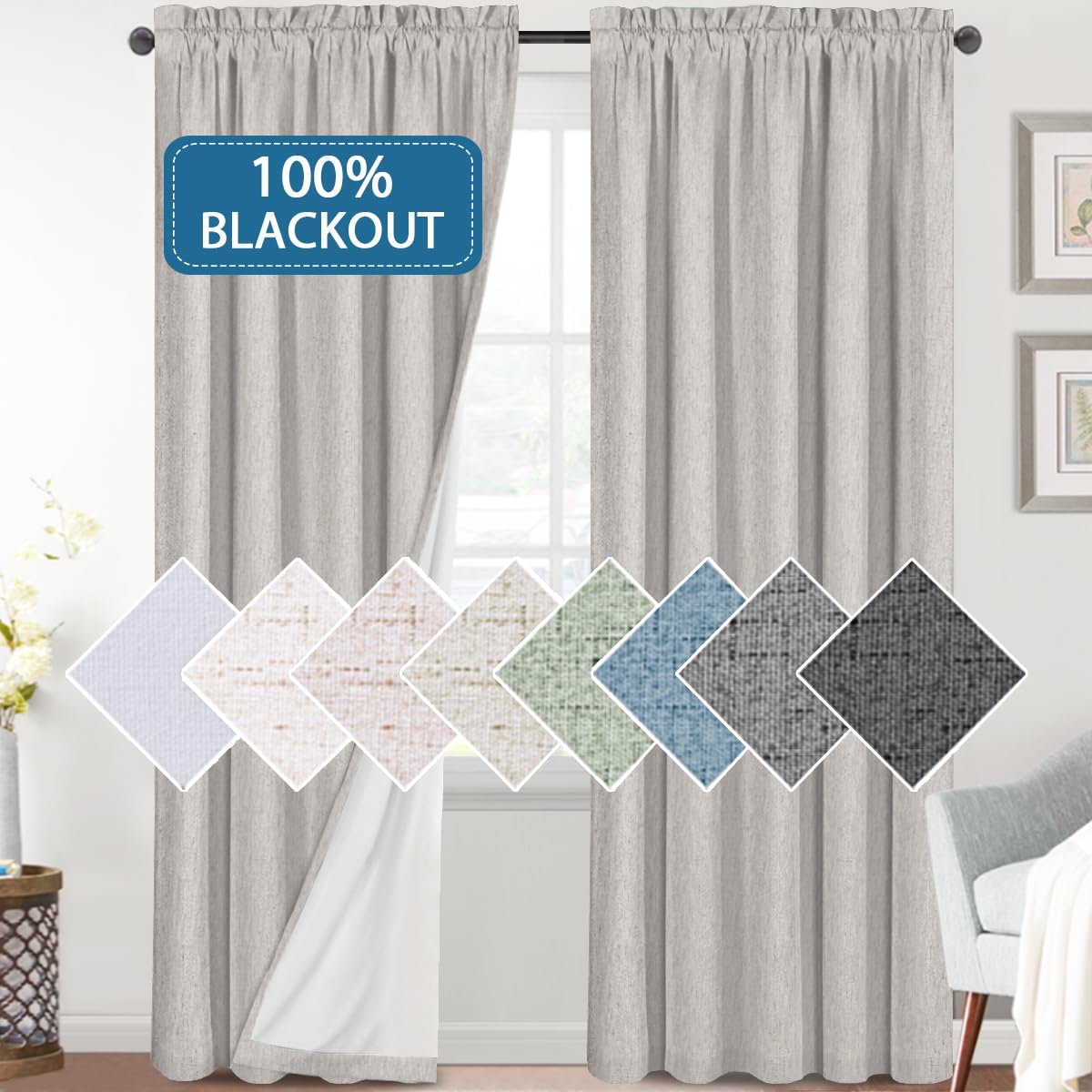 H.VERSAILTEX Linen Look 100% Blackout Curtains for Bedroom Full Light Blocking Rod Pocket Linen...