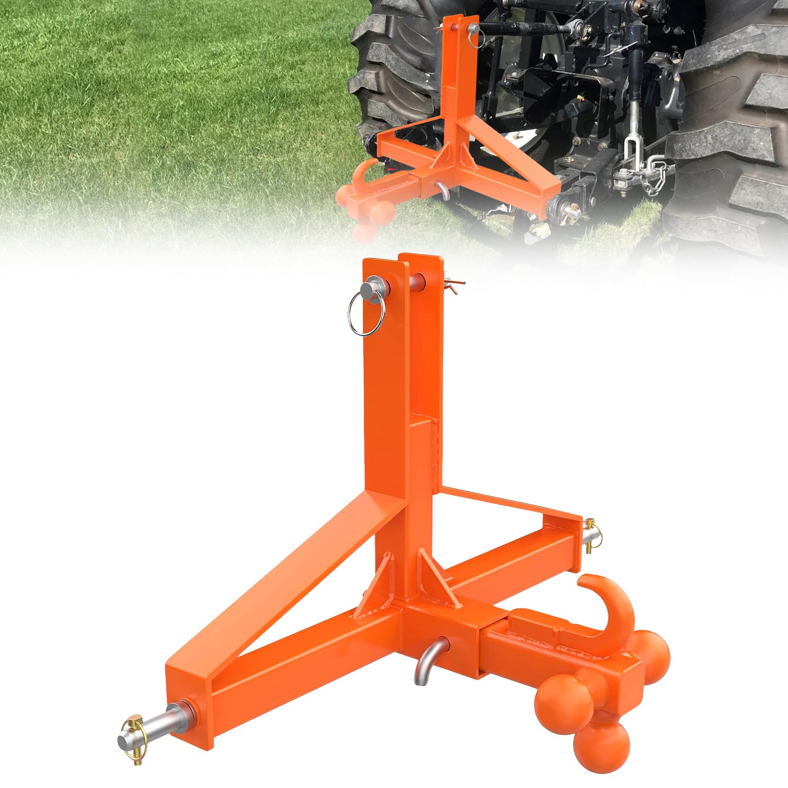 Attelage 3 Points Robuste pour Tracteur – Capacité 4,5T – Acier Carbone – Récepteur 2" et Crochet Boule 4 Directions – Outil Manuel de Jardinage – Compatible Catégorie 1 – Orange, Triangle