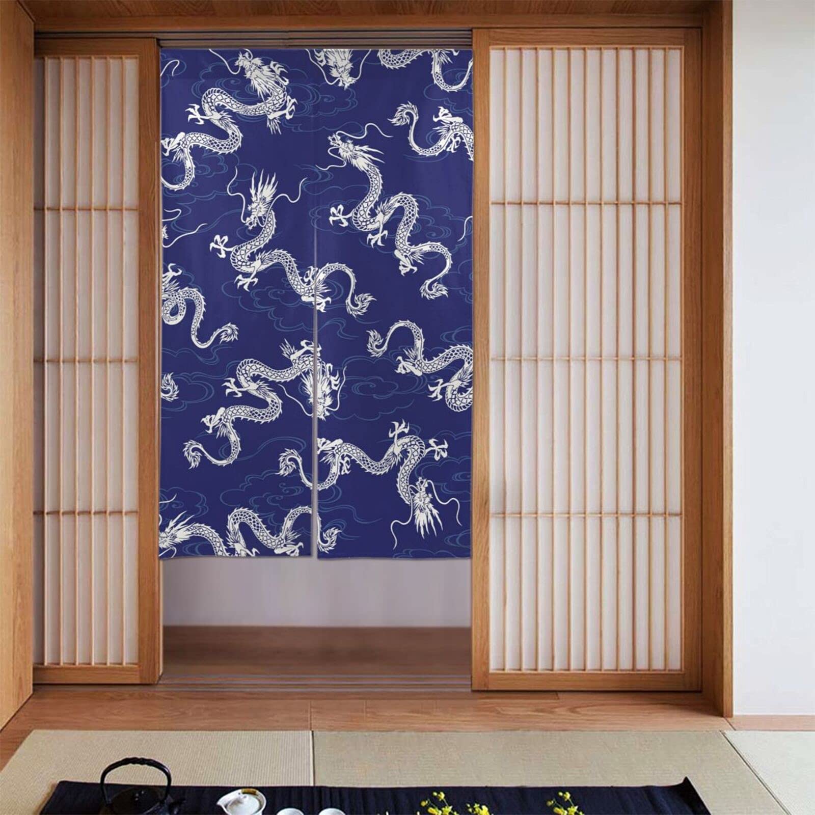 のれん 藍染131x85 海　龍　鳳凰　暖簾 Amazon｜のれん 藍染 龍 竜 おしゃれ 目隠し ロング 間仕切り 暖簾
