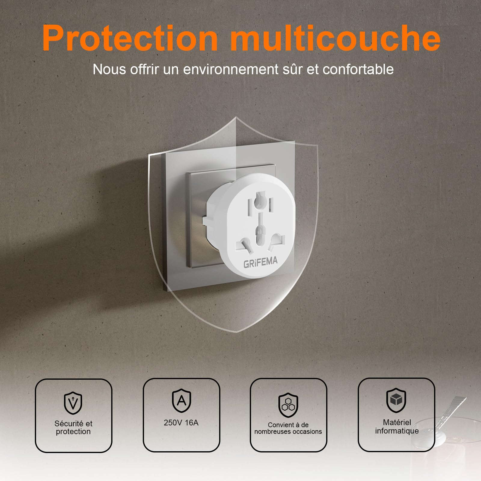 GRIFEMA Adaptateur de Voyage Universel Lot de 2, 4000W Haute Puissance Prises Type C E F France Europe