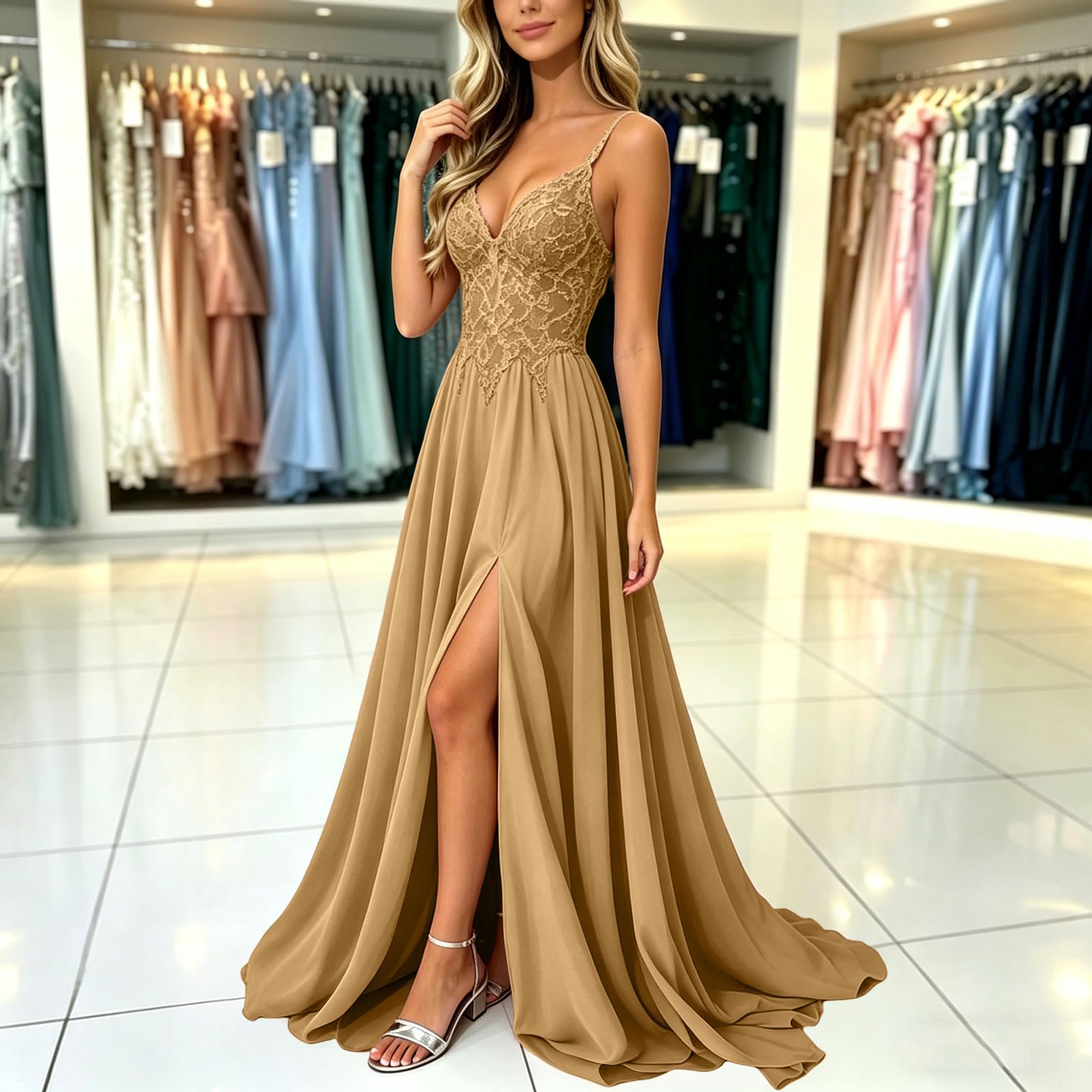 Genérico Vestido de Noche Elegante Línea A Vestidos de Fiesta Trajes Vestir Elegante Cuello en V para Mujer Falda Tirantes y Largo Bodycon Dama Honor Invitada Boda o Graduación