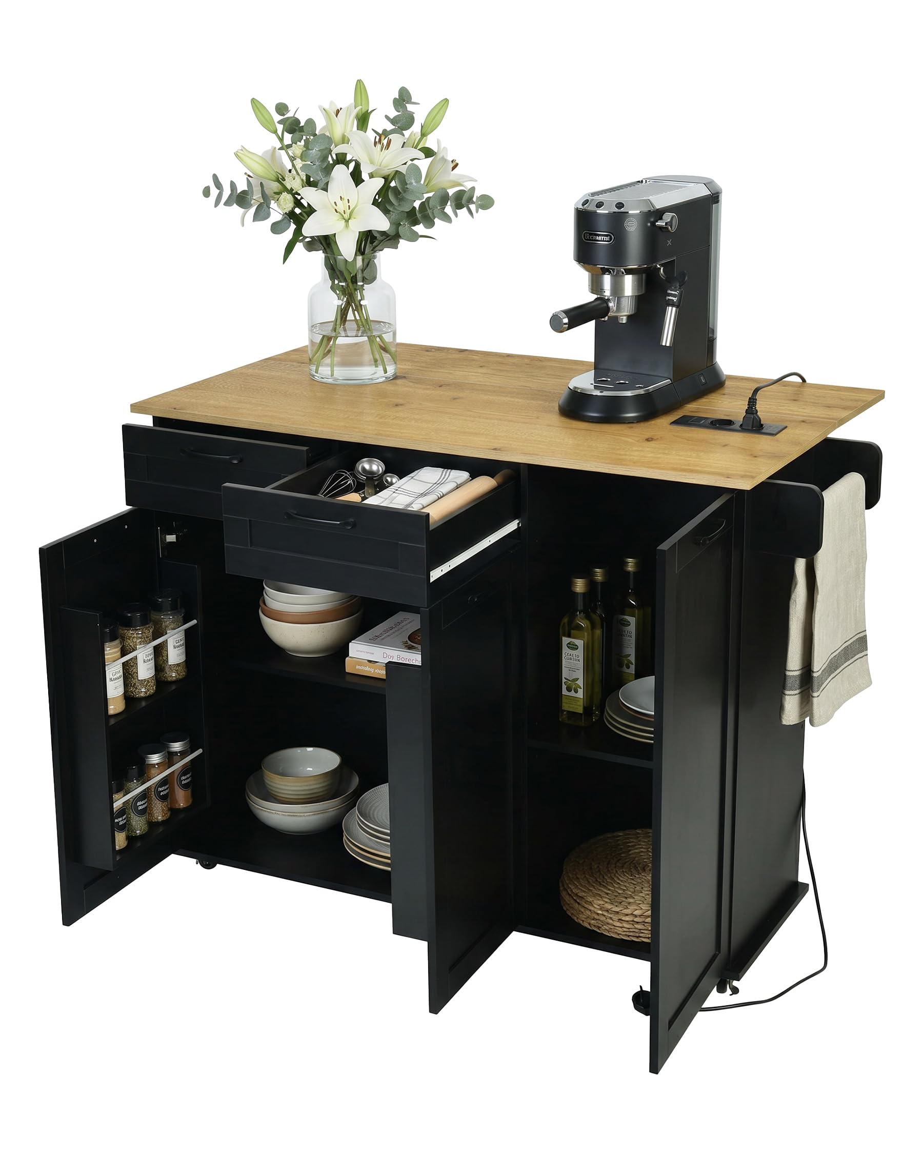 Isola da Cucina con Presa e Piano di Lavoro Pieghevole Mobile da Cucina con Ruote Credenza da Cucina Salvaspazio con 2 Cassetti e 2 Ante Nero/Rovere 120 x 74 x 94,5 cm