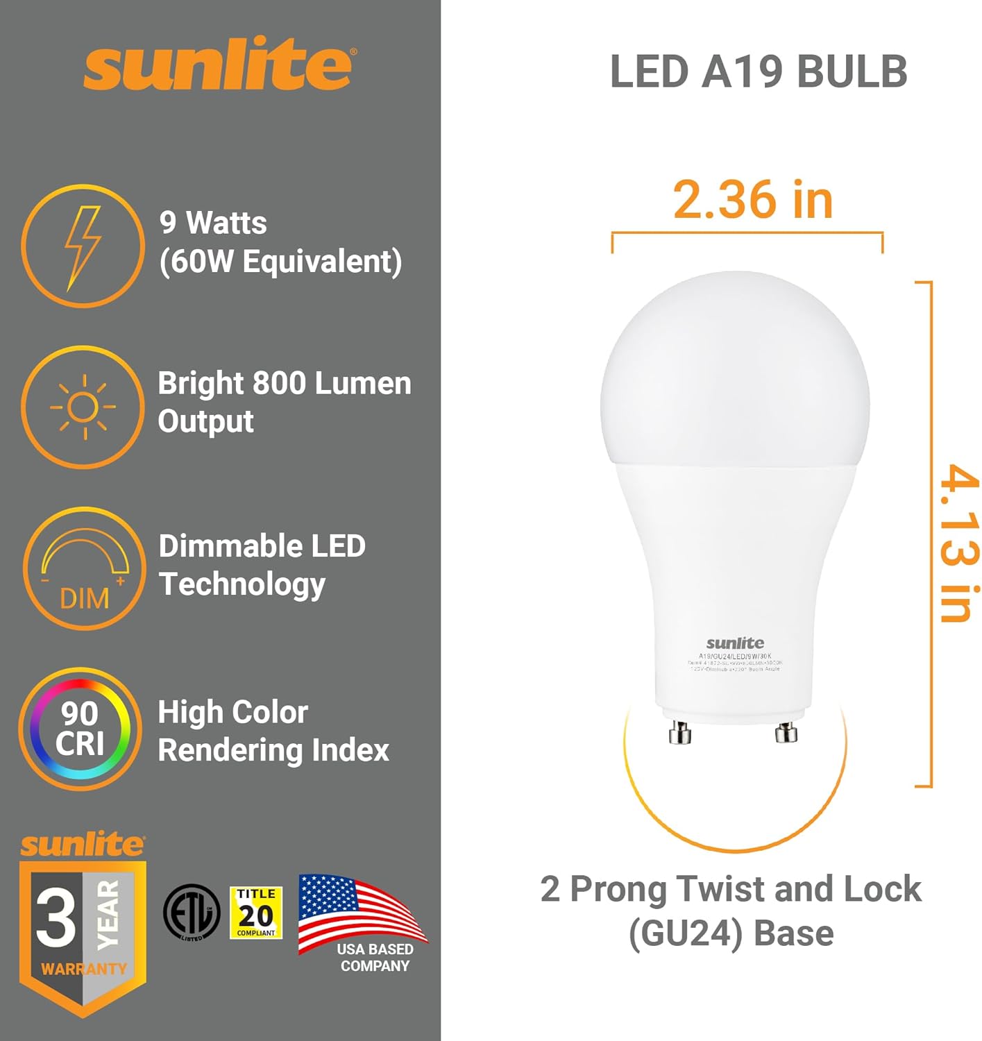 Sunlite A19 GU24 Dimmable Light Bulb, 9 Watts (60W Equivalent) 800 Lumens, 2 Prong LED Twist and Lock Base, 90 CRI, ETL Rated for Enclosed Fixtures, 3000K Warm White, 6 Pack