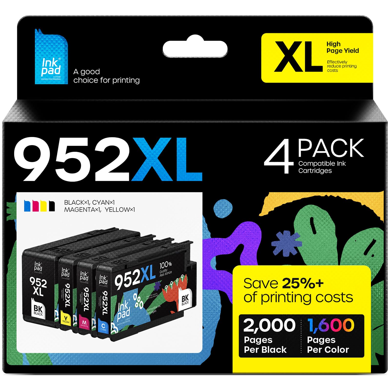 iNKPAD 952XL Compatible Ink Cartridge Combo Pack Replacement for 952 XL, Use with Officejet Pro 7740 8210 8710 8720 8740 8715 7720 8725 8730 (B/C/M/Y-