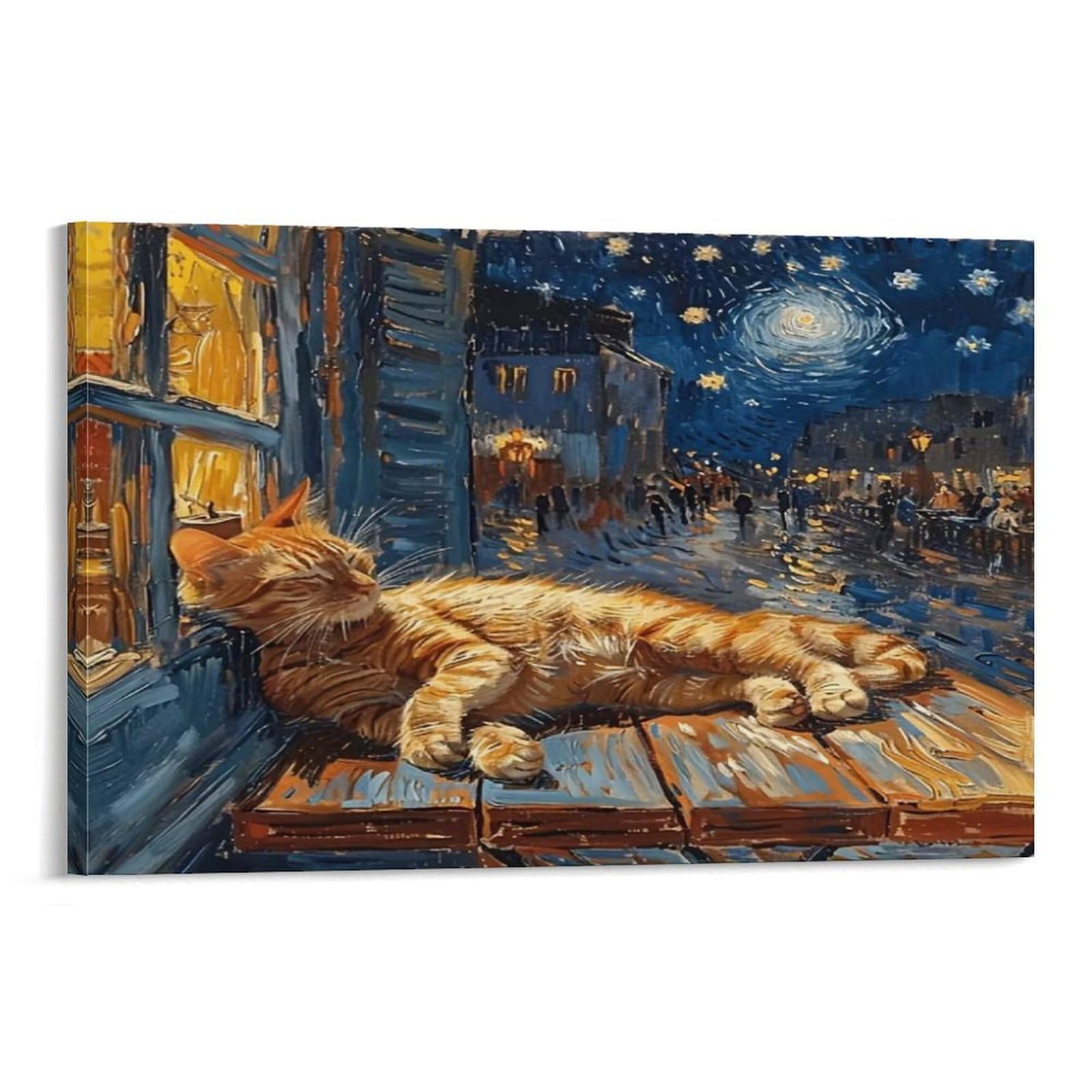 CPLVKWRQJ Snowy Mountain Cat Resting on Ice Single Ginger Cat Napping Starry Night Window Canvas Wall Art - Gift for Her/Him Living Room Focal Point Ready to Hang Decor 20x30inch(50x75cm)