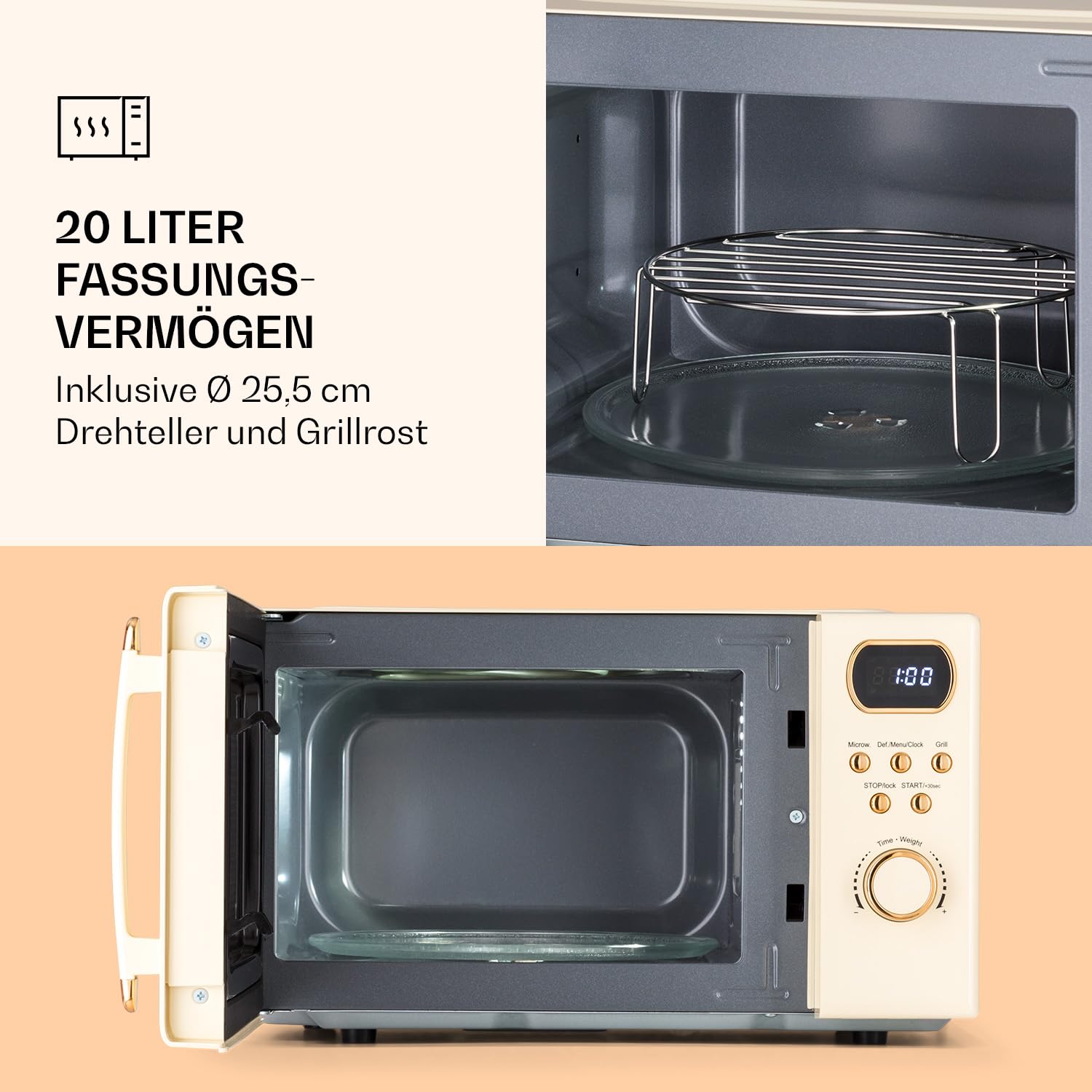 Klarstein Mikrowelle mit Grill, 800 Watt Mikrowelle Klein, 3-in-1Edelstahl-Mikrowelle Creme, Kleine 20 Liter Mikrowelle mit Auftau- und Pizzafunktion, Drehteller, Platzsparend, Einfach zu Bedienen