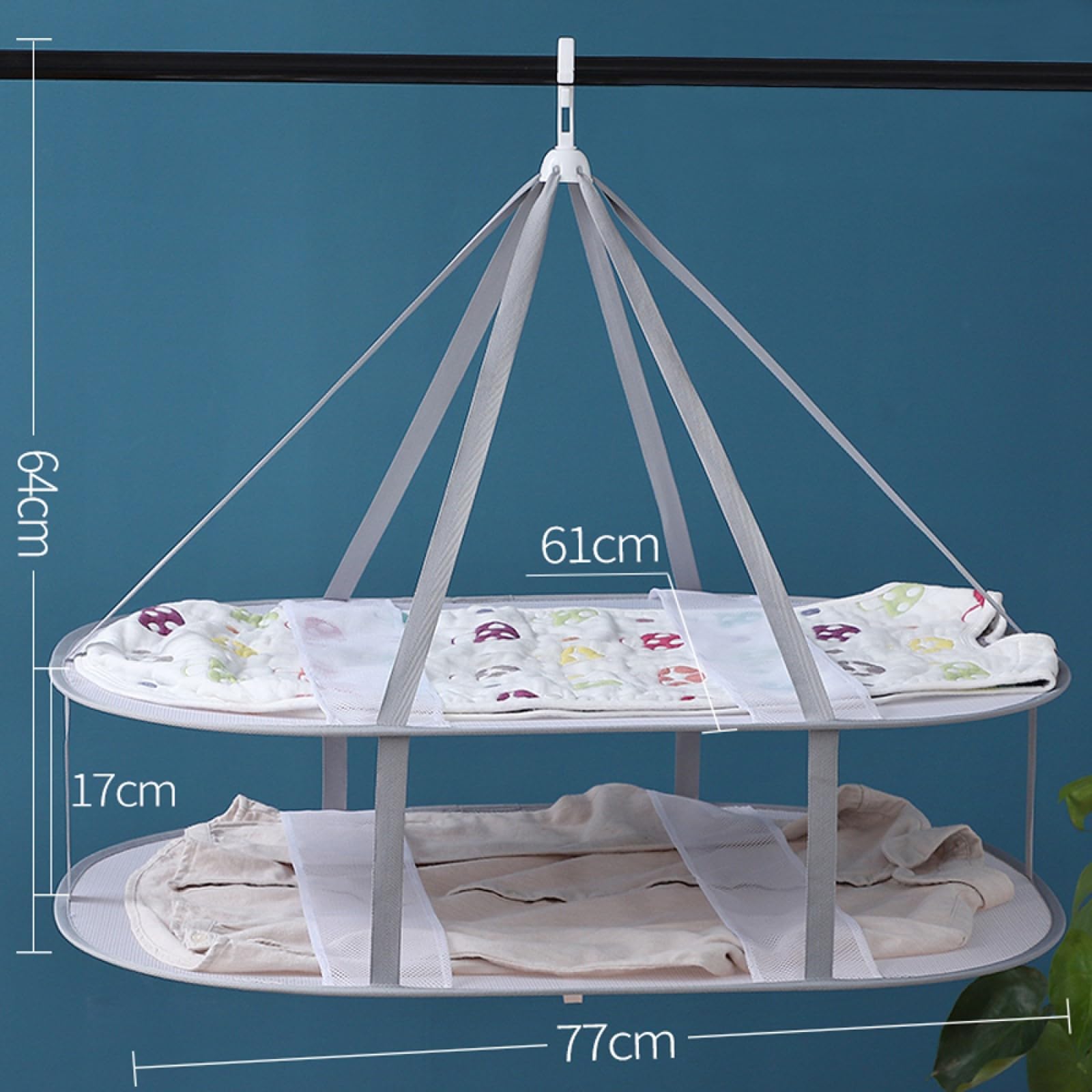 Secador de suéter plegable gris – Tendedero con 2 niveles con ganchos, 77 x 61 cm, superficie plana para jersey de lana y trajes de baño, estante de secado de malla