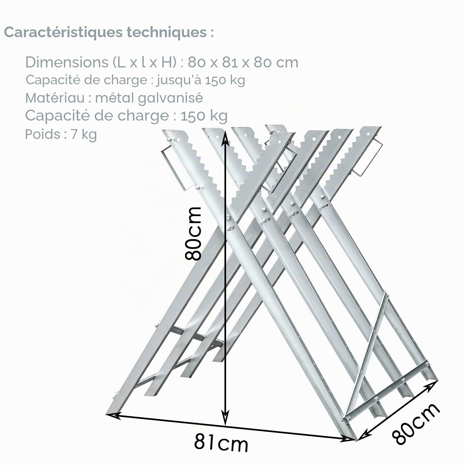 Lospitch Chevalet de sciage 81x80x80 CM 150kg Charge maximale Chevalet de sciage en bois Galvanisé Chevalet pliable pour tronçonneuse à chaîne ou scie à main