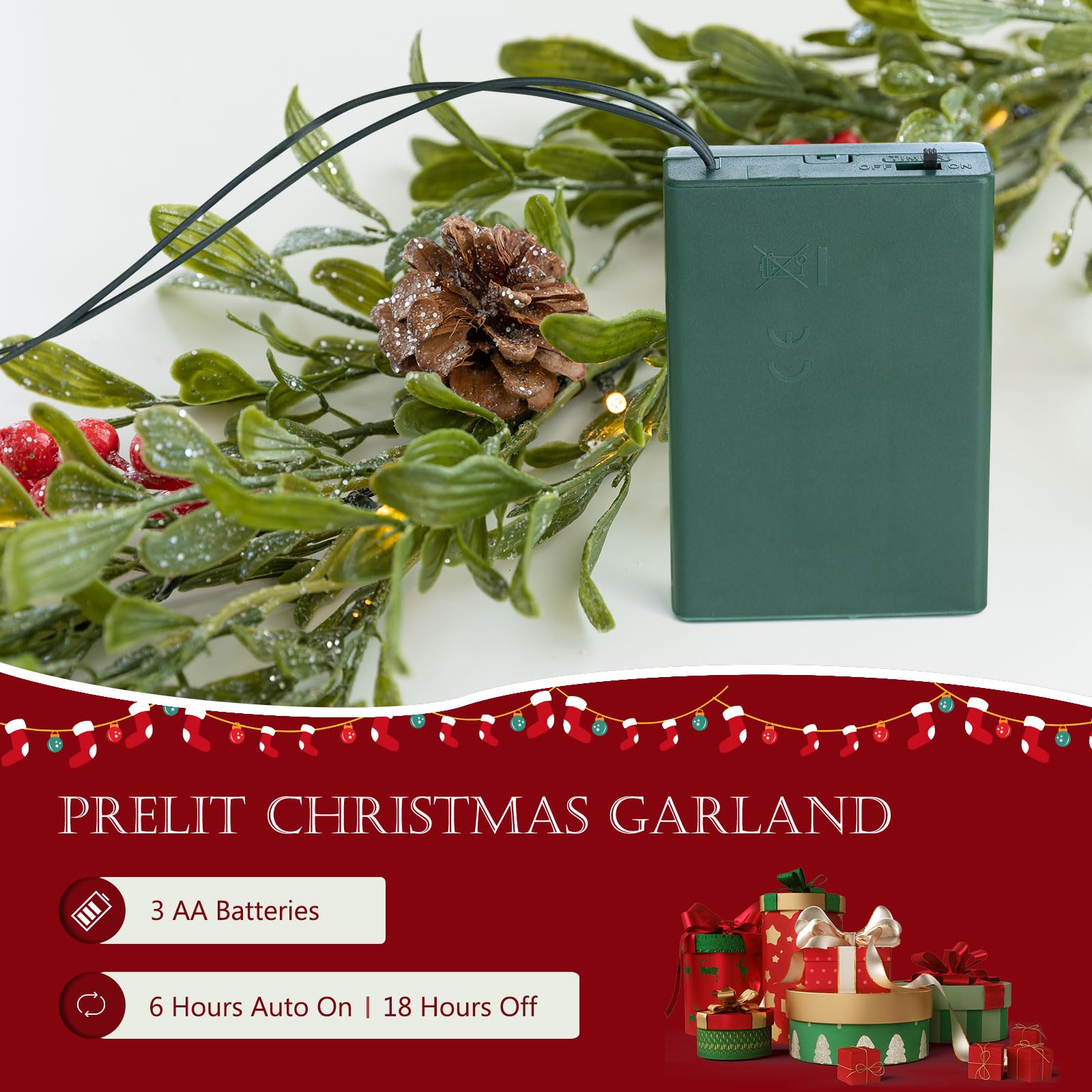 SLPBABY Beleuchtete Weihnachtsgirlande mit 20 LED-Lichtern, beflockte Girlande verziert mit Tannenzapfen, rote Beere, batteriebetrieben mit Timer für Kaminsims, Treppen, Innen- und Außendekorationen