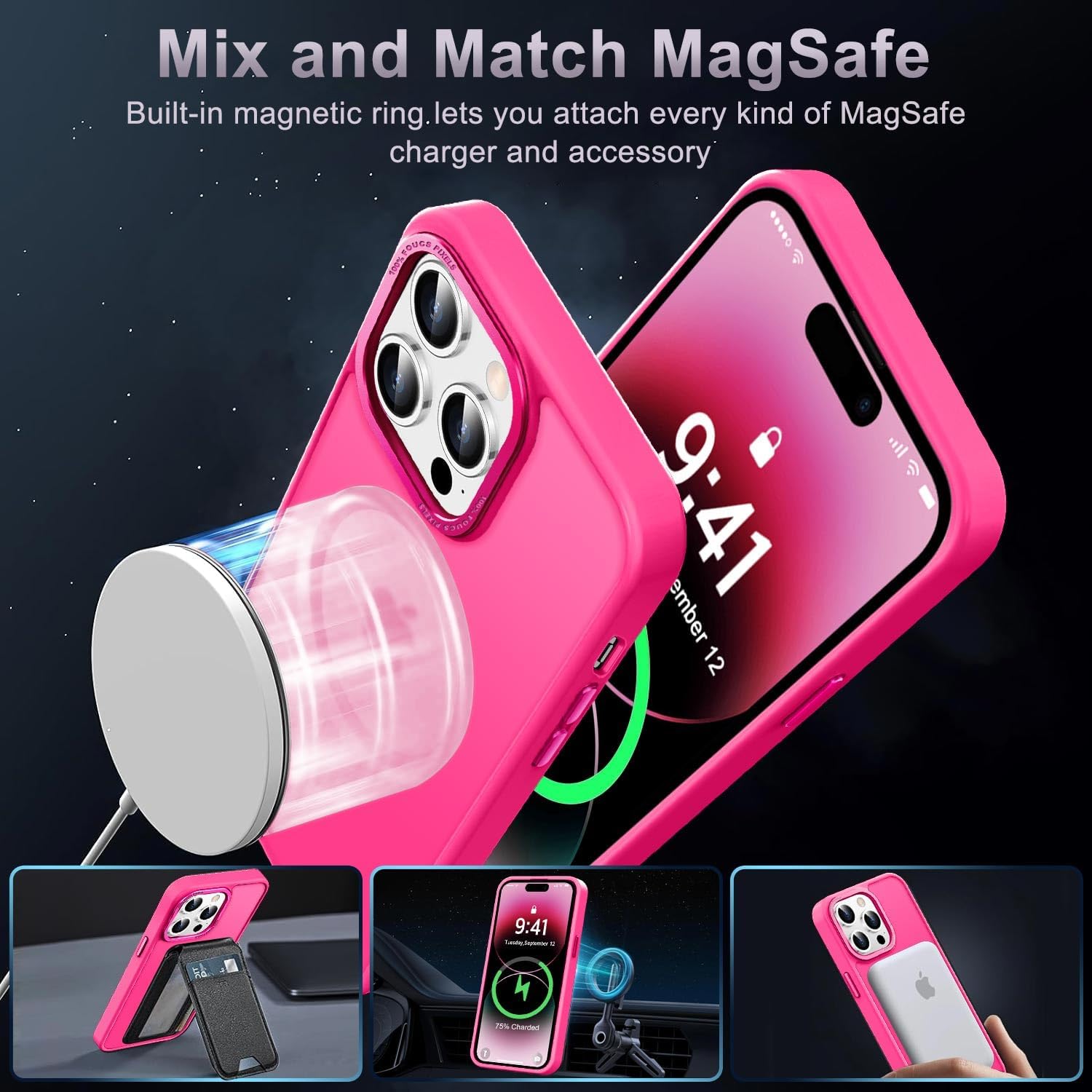 Newfuture Designed for iPhone 14 Pro Case with Magnetic [13 FT Military Drop Protection] [Compatible with Magsafe] Slim Translucent Matte Shockproof with Anti-Fingerprint Phone Case, Hot Pink - Image 2