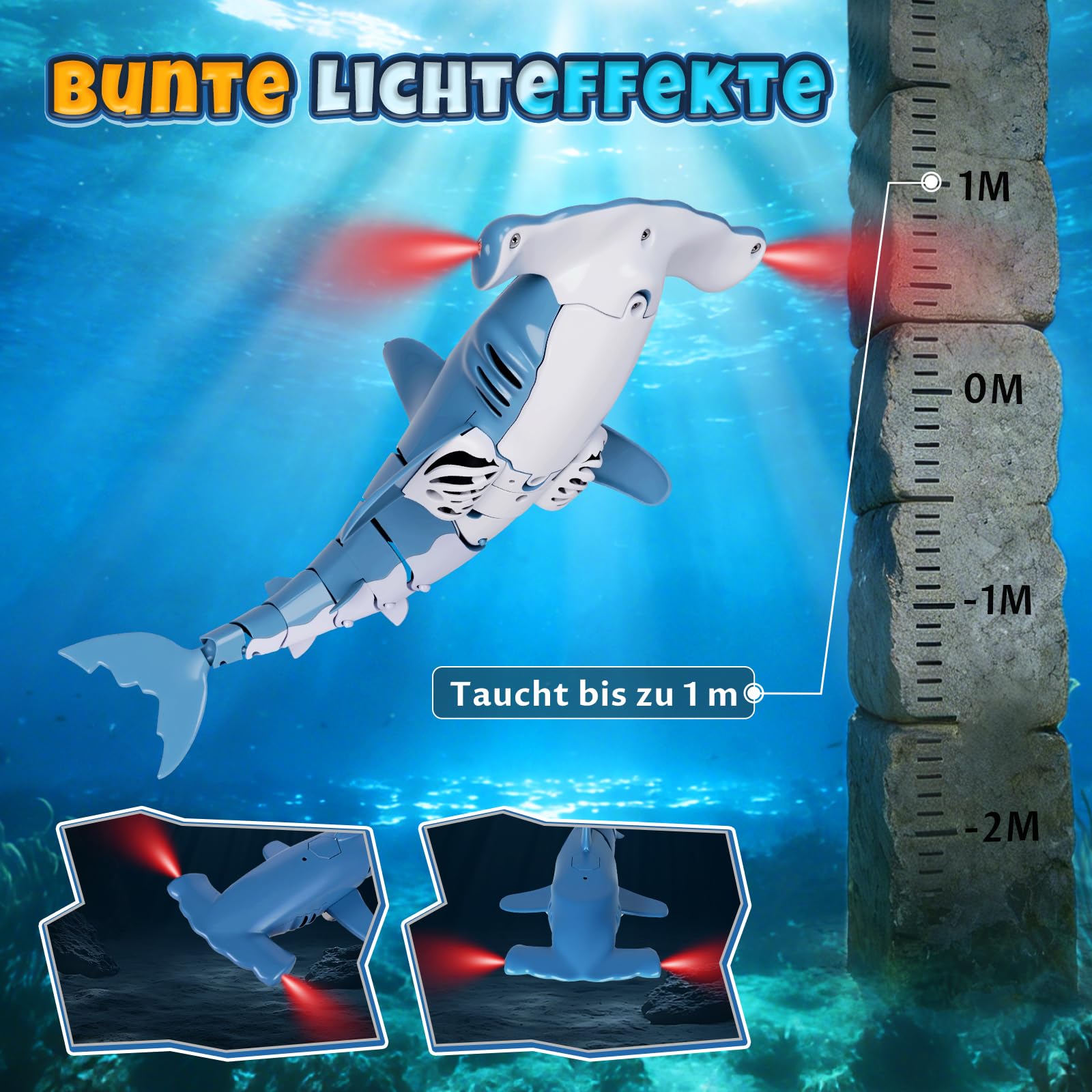 Ferngesteuerter Hai mit Tauchfunktion, 2.4GHz RC Hai mit LED-Licht, Unterwasser-Hai Spielzeug für Pool & Badewanne, Geschenk für Kinder ab 6 Jahren Jungen & Mädchen (Blau)
