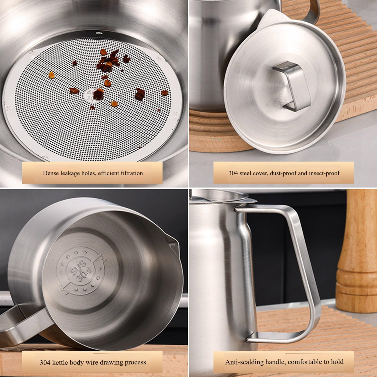 Colador de aceite de cocina de acero inoxidable de alta calidad con cesta de filtro extraíble, gran capacidad de 1,5/2 L, colador de aceite con mallas de filtro