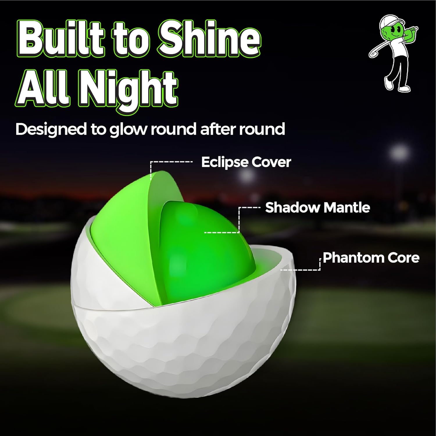 Boogeyman Glow in The Dark Golf Balls – 6 Pack Light Up Glow Golf Balls for Night Golf | High Visibility, No Charger Needed | Fun LED-Style Golf Gift for All Ages