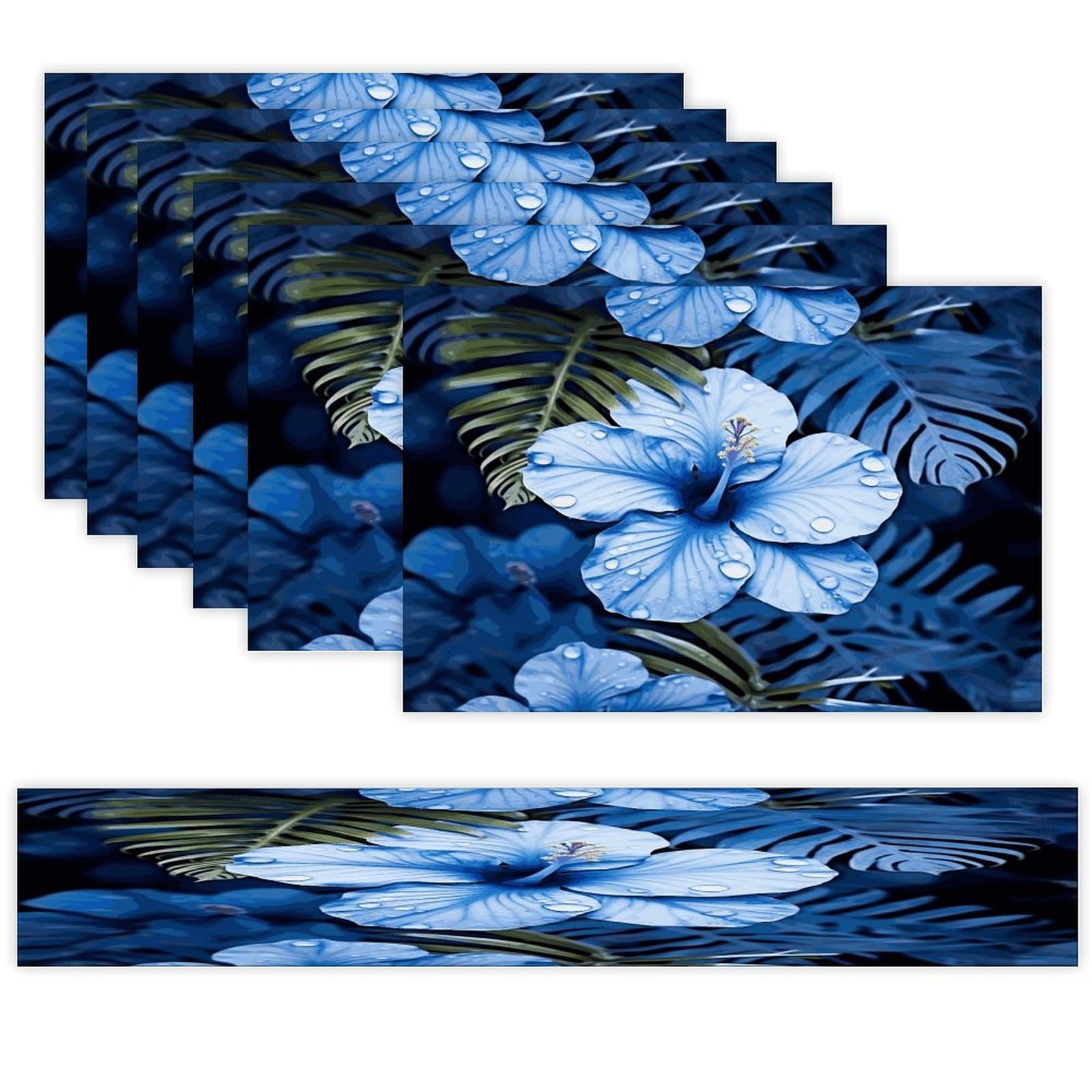 Blue Flower Tropical Table Runner and Placemats Set of 6 for Kitchen Washable Table Mats Heat Resistant Place Mats Non-Slip Place Mat Wipeable Placemat(6 Placemats+1 Table Runner)