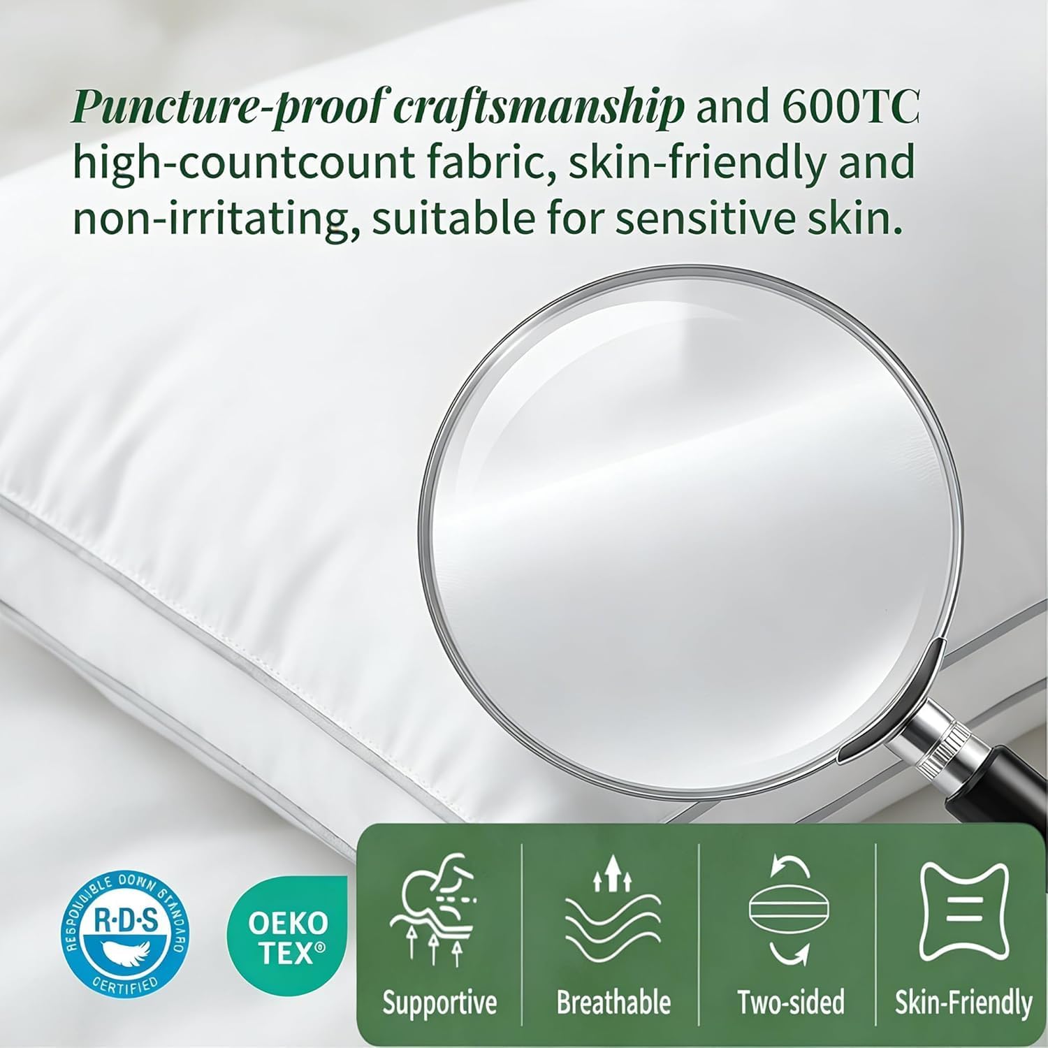 goose down pillows, standard size set of 2 with 3-layer design, hotel down bed pillow for side, back, and stomach sleepers, soft 600 thread count cotton cover–luxury hotel pillows quality(20" x 26") white standard?pack of 2?