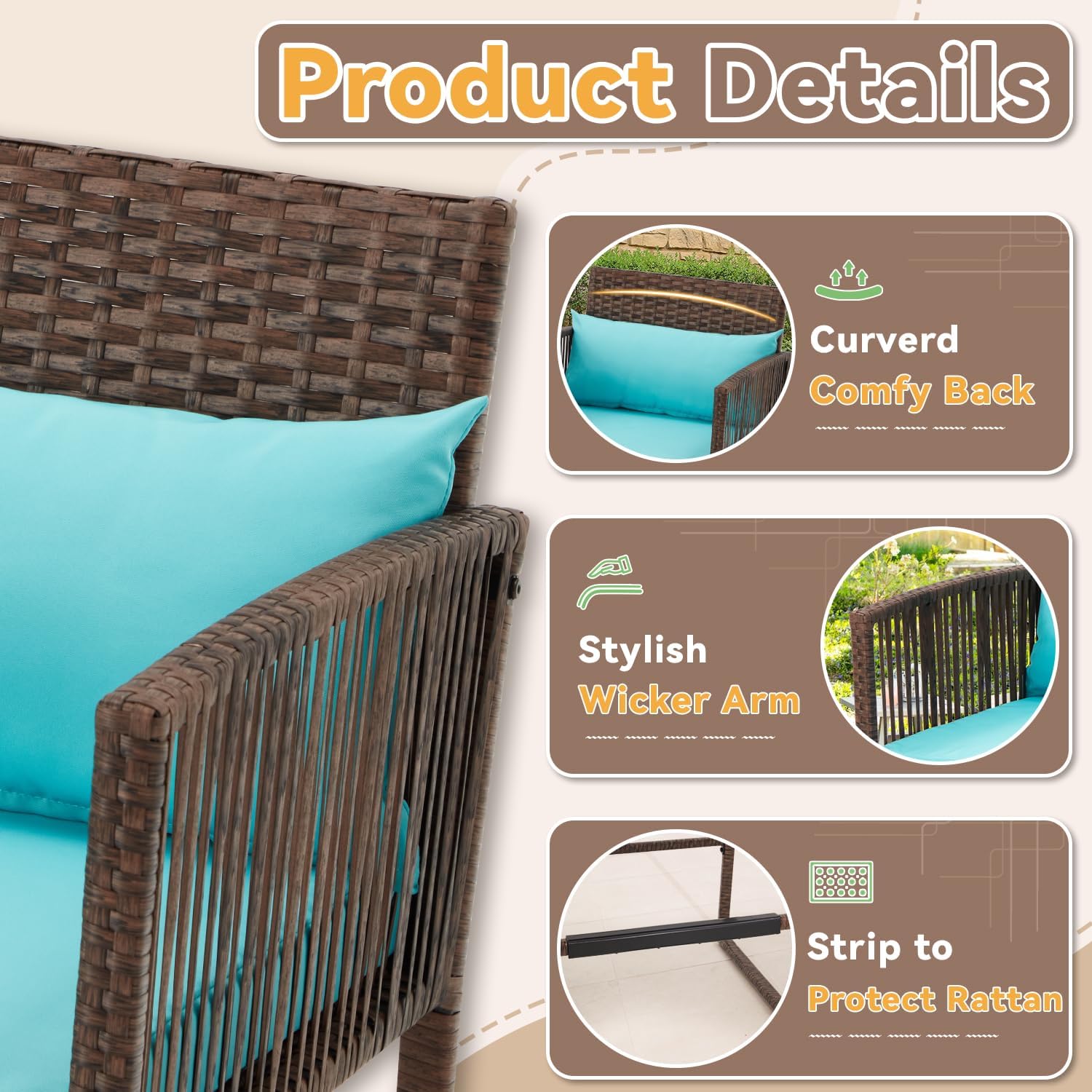 AVAWING 3PCS Patio Wicker Bar Set, Outdoor Bistro Rattan Barstool Furniture, Height Counter Table and Chairs for Backyard, Poolside, Balcony, Steel Frame w/Extra Cushion Covers Blue/Gray