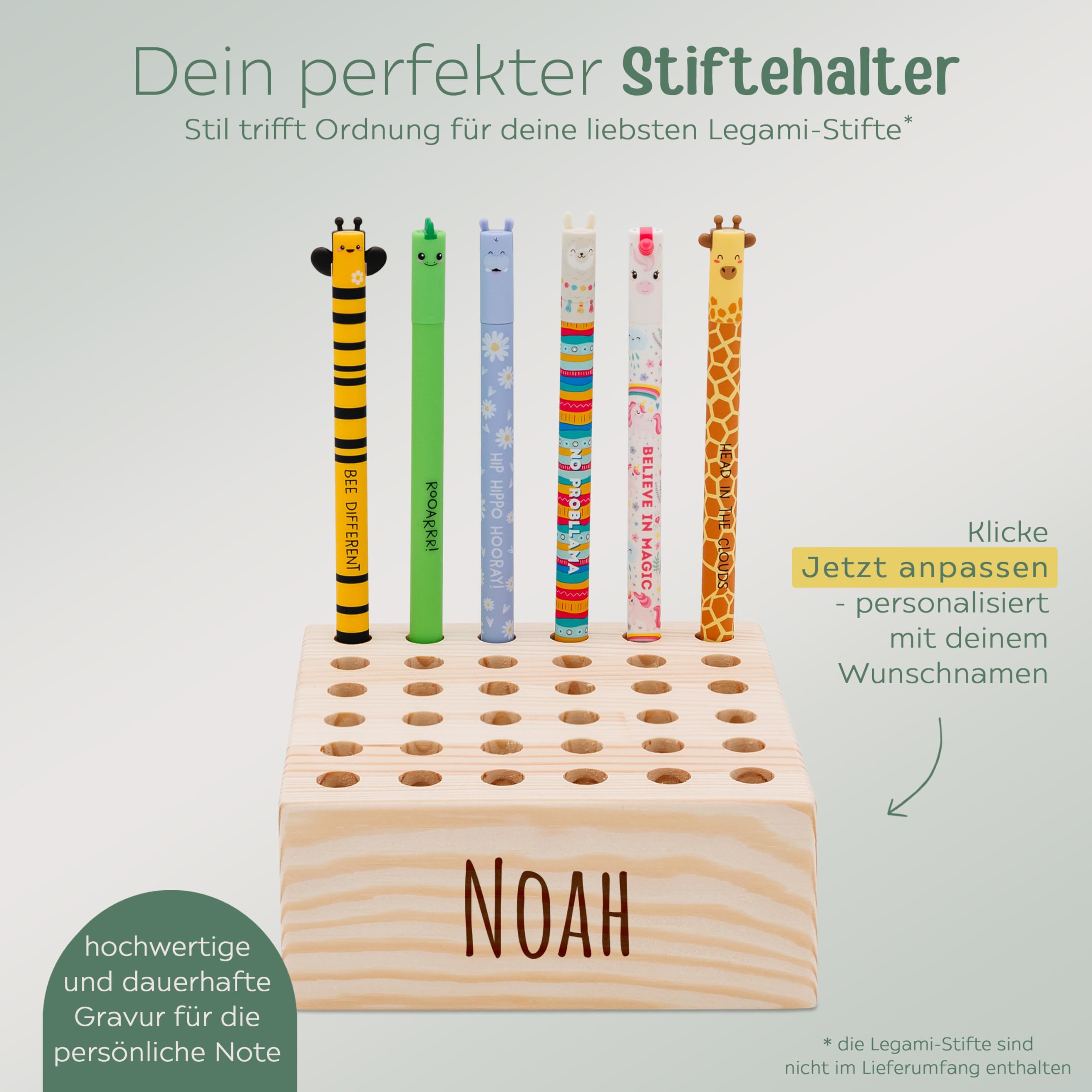 wunderwunsch Stiftehalter für Legami und co aus stabilem Holz, Stifthalter für Buntstifte Kinder Schreibtisch als Geschenk zur Einschulung und Grundschule (mit Name, quadratisch)