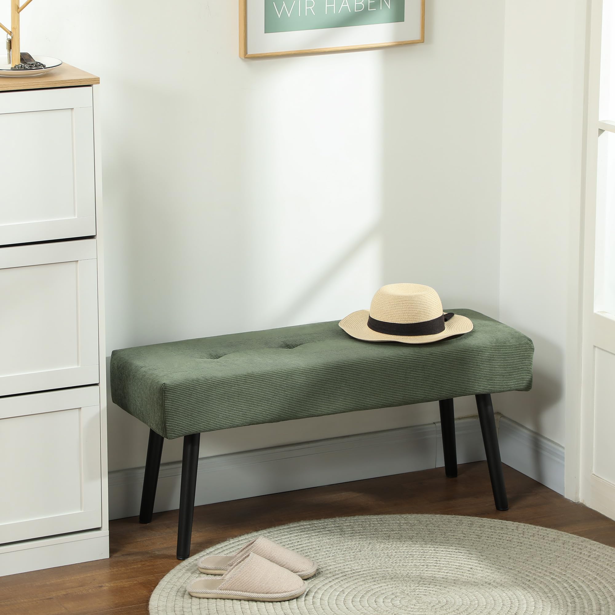 HOMCOM Banc Banquette Moderne Bout de Lit Rembourré 100 x 36 x 45 cm Vert | Velours Côtelé, Pieds en Acier Noir, Idéal pour Entrée Salon Chambre, Charge 220 Kg