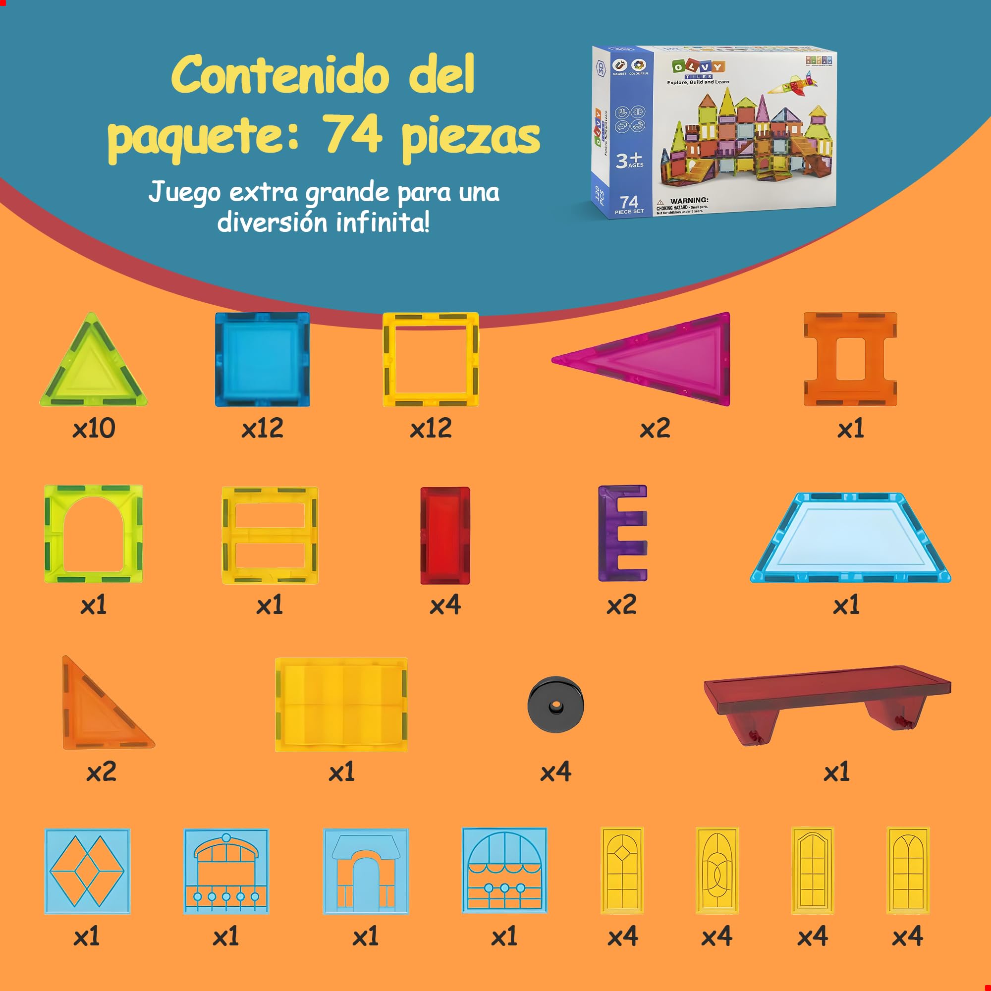 Olvy Bloques Magnéticos Montessori Juguetes - 74 Ladrillos Magnéticos para Niños - Juego de Construcción Magnética Desde 3 Años - Bloques Magnéticos de Smart Playground (74 Ladrillos Magnéticos)