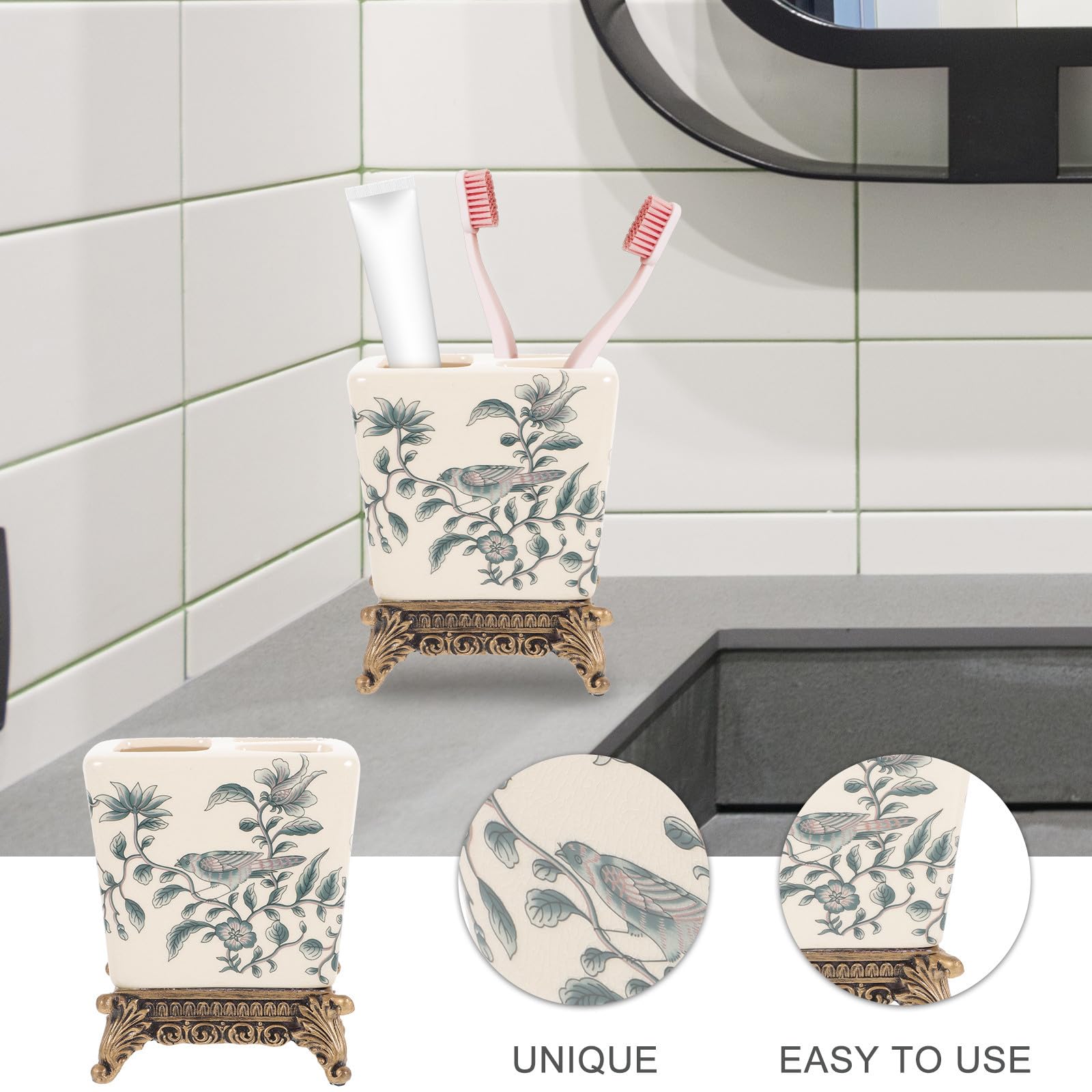 Porta Spazzolini in Ceramica Vintage Europeo da Tavolo | Base in Resina, Design Portatile Multifunzionale, Uso Cucina e Bagno Domestico