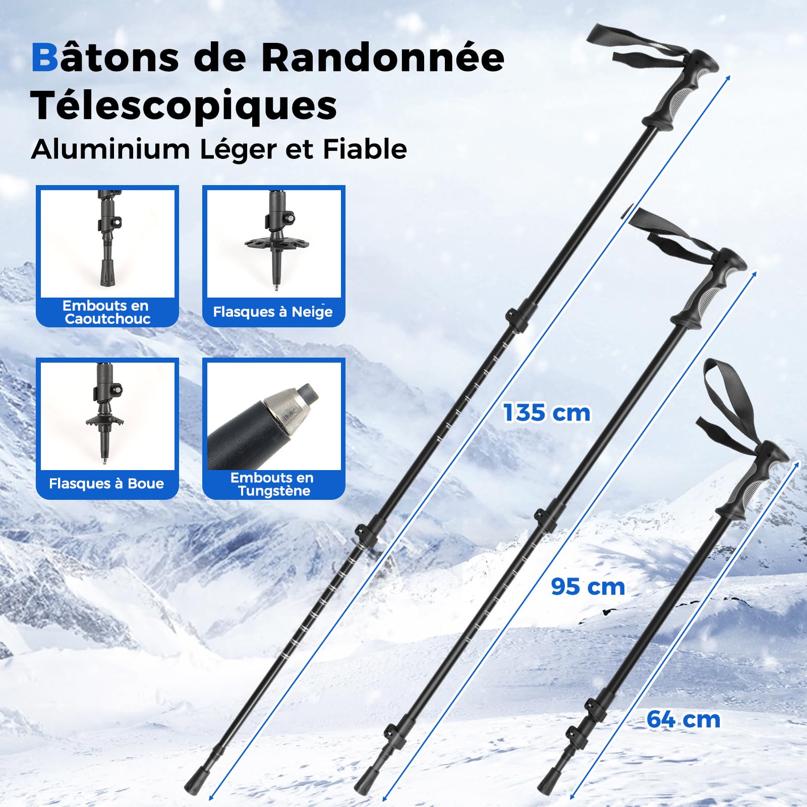 GYMAX Ensemble Raquettes avec Bâtons de Trekking Réglables, Raquettes Tout-Terrain en Aluminium avec Sac de Transport, Paniers à Neige/Boues, pour Hommes, Femmes, Adolescent