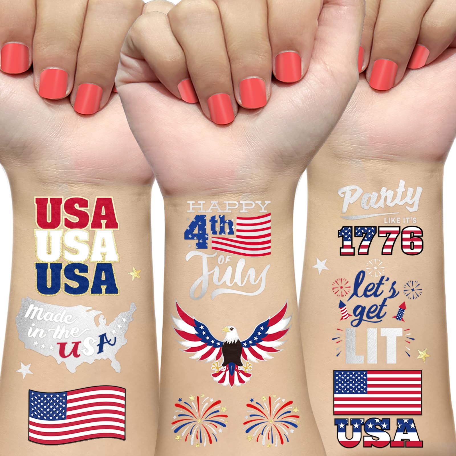 AOYOO Fourth of July Decorations Temporary Tattoos 30 Giltter Style Red White and Blue Patriotic Party Supplies 4th of July Accessories USA America