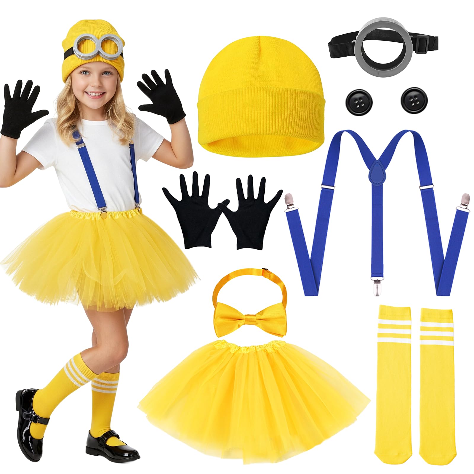 YAEGIMHT Yellow Costume Set for Children – Glasses, Gloves, Adjustable Straps, Yellow Hat, Bow Tie, Socks, Buttons – Cosplay for Halloween & World Book Day (6) — image 1