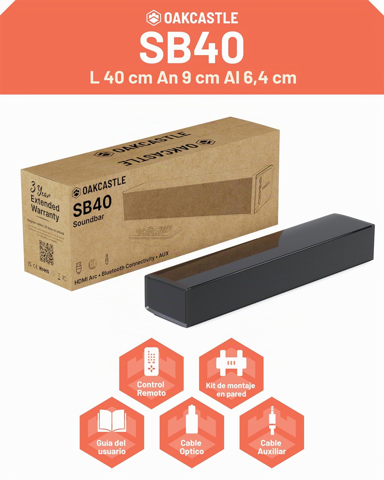 Oakcastle SB40 Barra De Sonido TV | Soundbar Bluetooth | 60W 2.0 Estéreo Altavoces TV | Sound Bar HDMI | 40cm Compacto Barra Sonido PC | Kit de Montaje en Pared y Mando a Distancia Incluidos