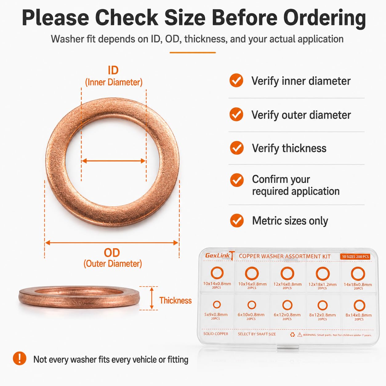 Copper Washer Assortment Kit, 200 PCS, 10 Metric Flat Washer Sizes