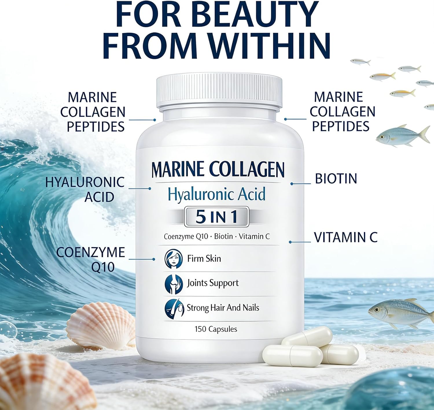 Colágeno Marino + Ácido hialurónico, 5 in 1 Premium Formula, 150 Capsules, for Skin Hair Nails Health, Hydrolyzed Collagen Type I with CoQ10 Biotin Vitamin C