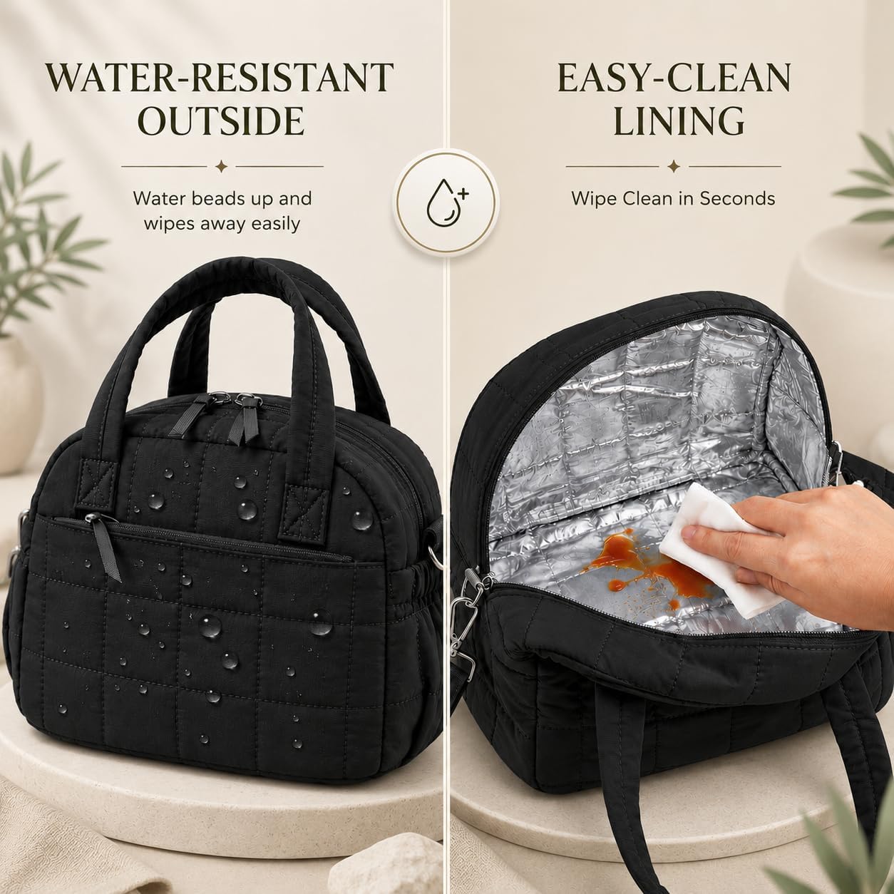 LEDAOU Lunch Box for Women, Quilted Insulated Lunch Bag, Puffy Lunch Tote with Adjustable Shoulder Strap for Work School Travel (Black, Regular 9L)