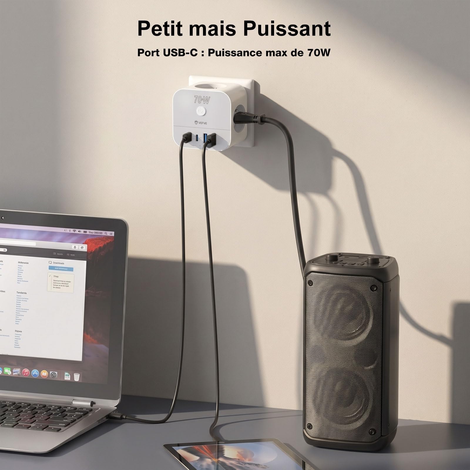 VEFVE Chargeur Rapide USB C 70W, Prise Multiprise Cube 7-en-1 avec Interrupteur, Technologie GaN III, Compatible Ordinateurs Portables, Tablettes et Smartphones