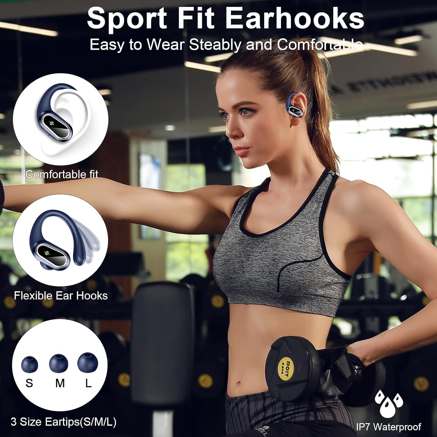 Cuffie Bluetooth Sport, Auricolari Bluetooth 5.3 Wireless con 4 ENC Cancellazione Rumore Mic, 50 Ore HiFi Stereo Cuffie Wireless, IP7 Impermeabile, Cuffiette Bluetooth con LED Display, USB-C, Blu