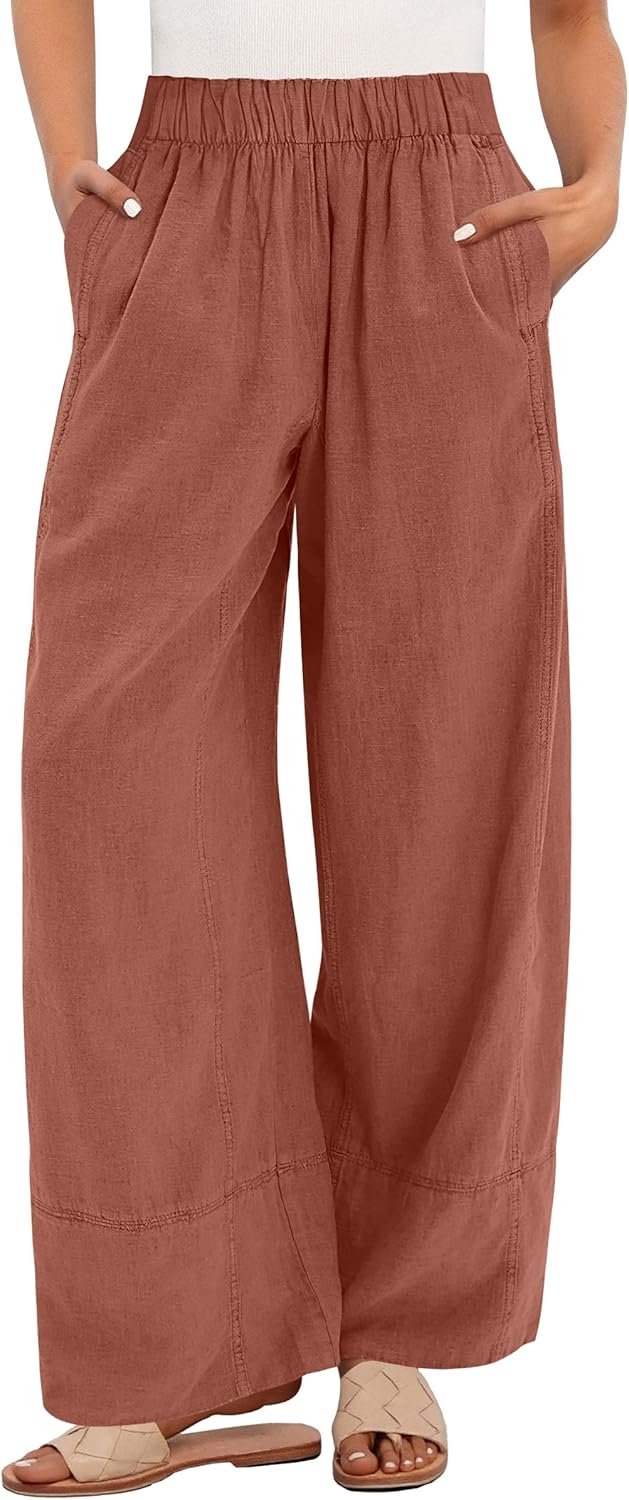 ANRABESS Women's Wide Leg Linen Pants Summer Boho Casual Elastic Waist Long Lounge Travel Pants Trousers with Pockets