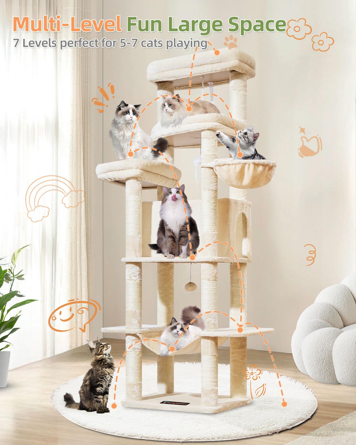 Taoqimiao Arbre a Chat Maine Coon,180cm Stable Arbres à Chat Grand Format XXL avec Condos Spacieux pour Chats, 8 Griffers, Très Grand Plateformes, Hamac, Panier pour Matou, MS034M Beige