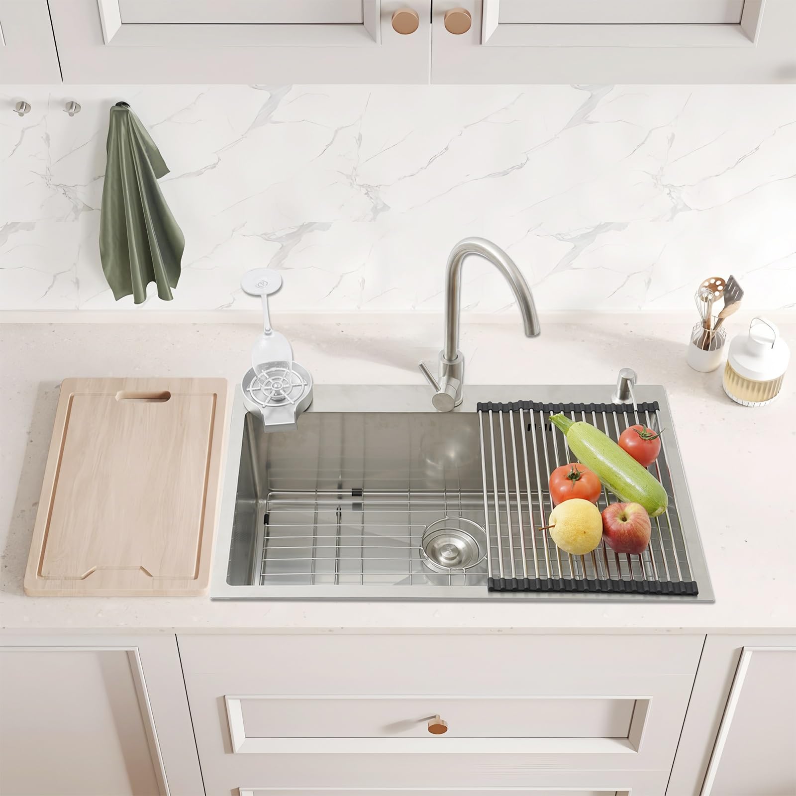 Fregadero Cocina 1 Seno, Acero Inoxidable Fregadero Con Escurreplatos Y Dispensador De Jabón, Fregadero De Cocina Pequeño Con 2 Agujeros Pretaladrados, Fregadero Sobre Encimera O Enrasado(Silver#2,85x