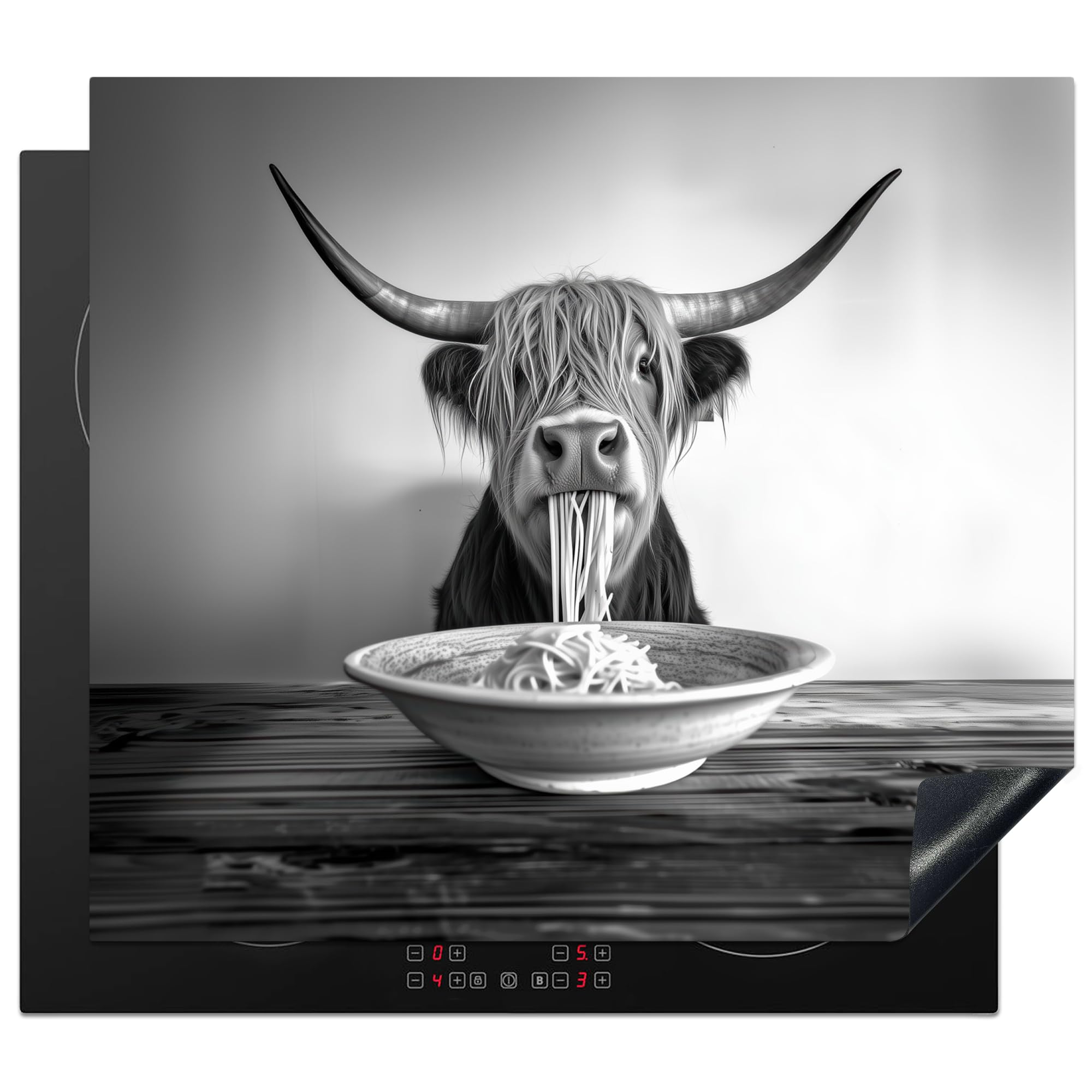 KitchenYeah© Induction Hob Protector Mat 20.1"x23.2" / 59x51 cm Cooker Top Protectors Cover Ceramic Covers Electric Hobs Vinyl Scottish Highlander - Spaghetti - Animals - Black and White