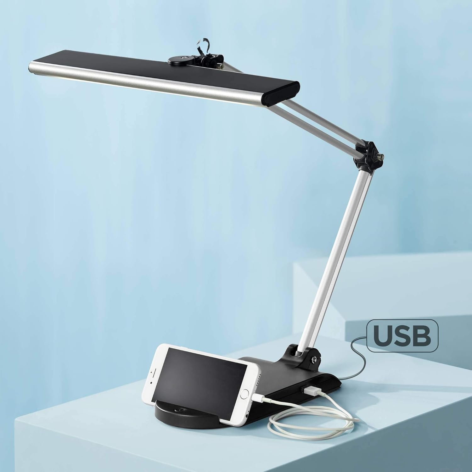 Flynn Modern Task Desk Lamp with USB Charging Port and Phone Cradle LED Metallic Black and