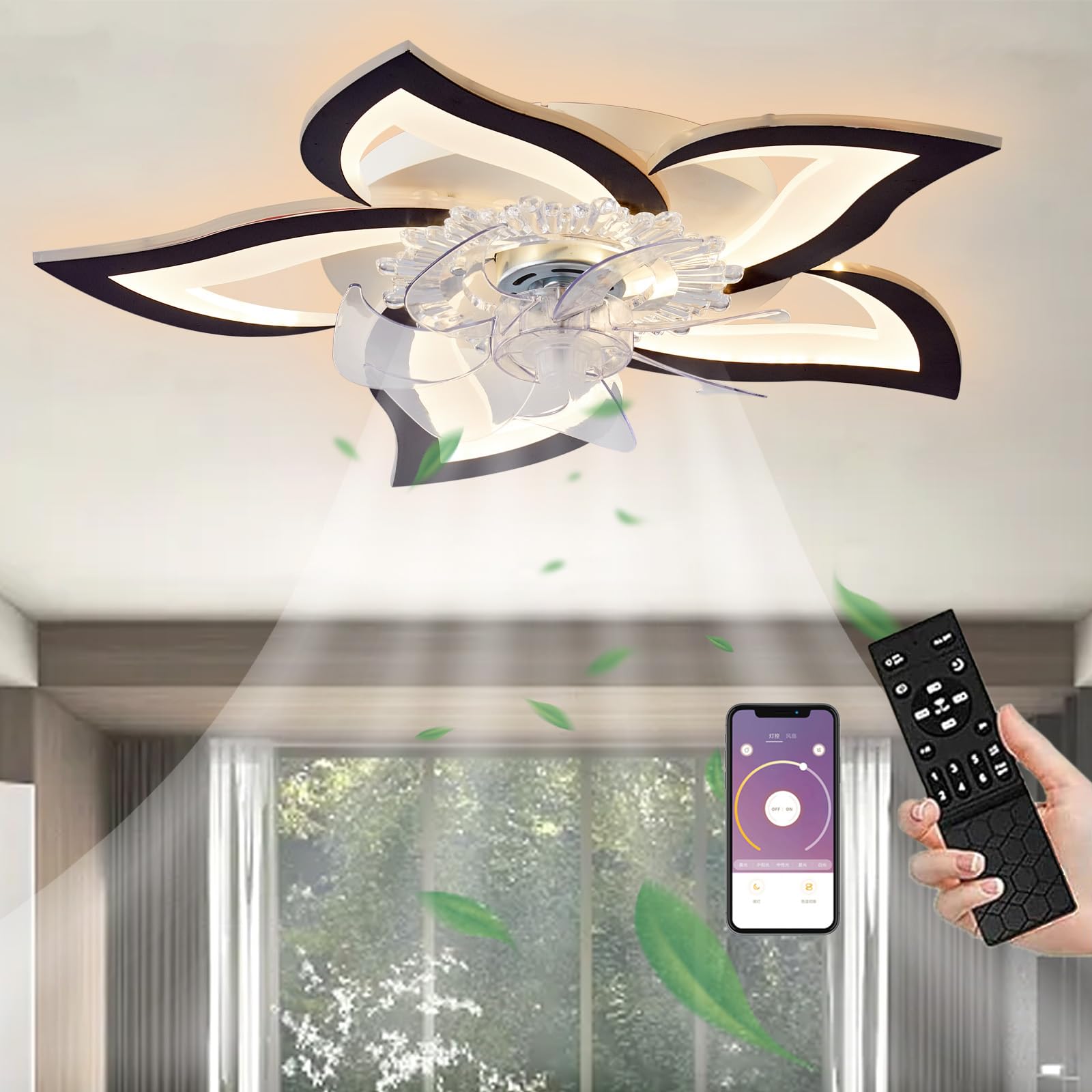 Silent LED Ceiling Fan with Lighting, 50 W Ceiling Light with Remote Control, Dimmable Lamp with Fan, 5 Lights, Flower Shape, Acrylic Lampshade, Living Room