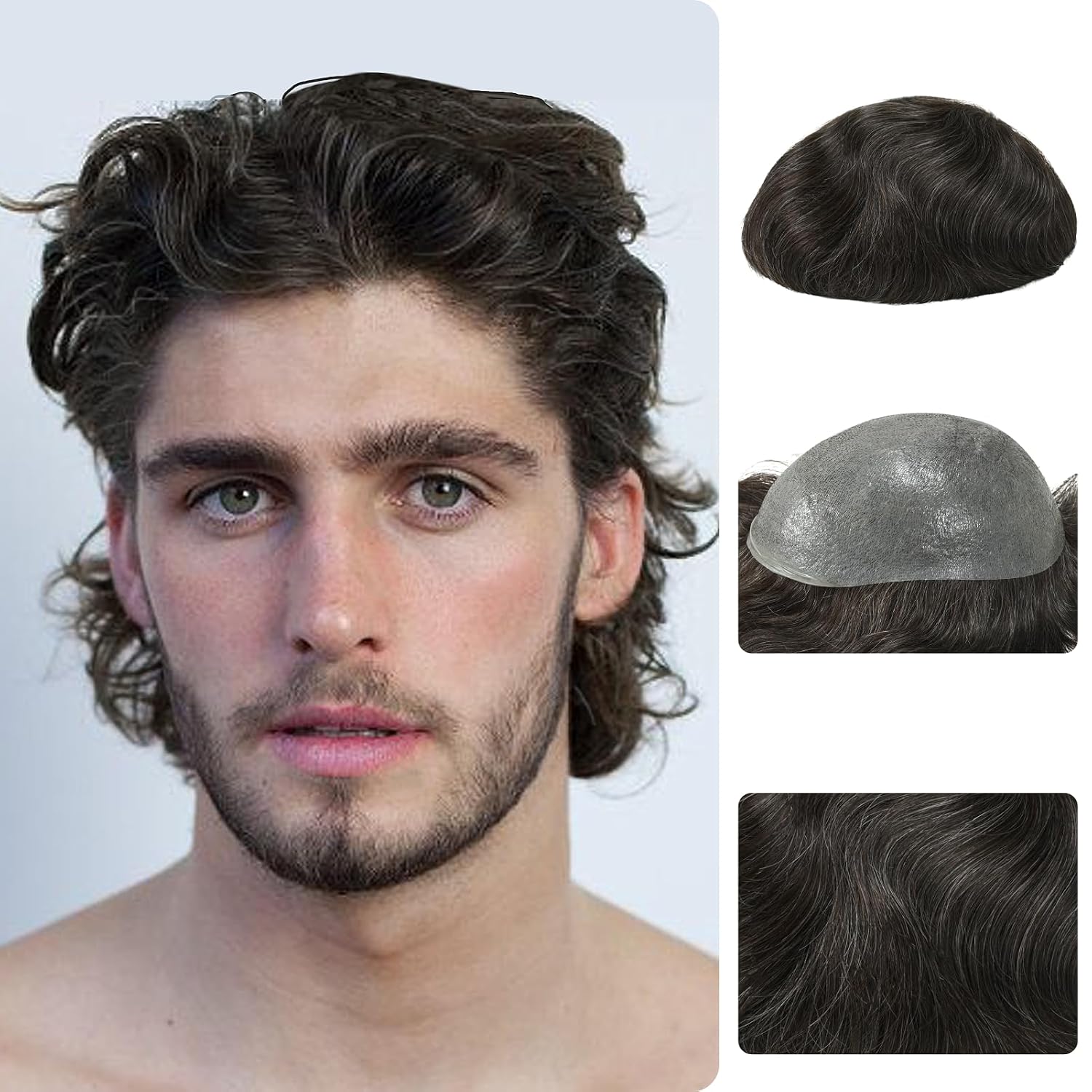 Zakya Hair System for Men Real Human Hair All V-Looped Mens Toupee 0.06mm Thin Skin Base Hairpiece for Men Size 8x10 Inches Off Black +10% Grey Hair #1B10