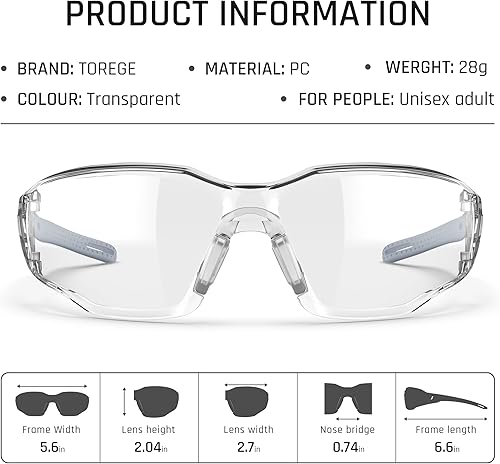 Miniatura 7 de TOREGE Gafas de seguridad resistentes a los arañazos con lente transparente antivaho y marcos ajustables, protección ocular para hombres y mujeres