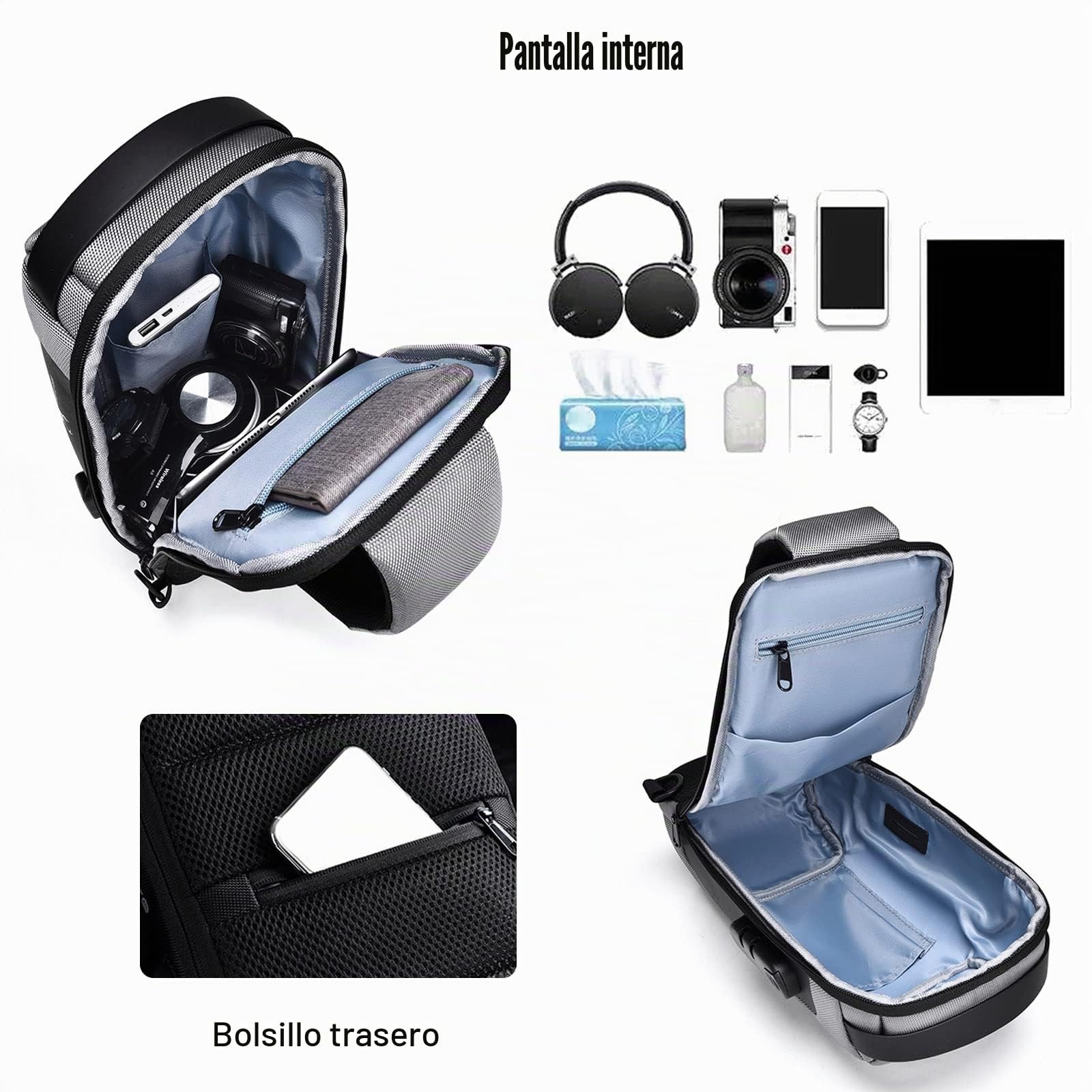 FANDARE Antirrobo Bolso Hombro Bolsa de Pecho Bandoleras Cruzada con USB Bandolera Bolsos Bandolera para Hombres Mujer Escolar Senderismo Viaje Multibolsillos Sling Crossbody Bag Poliéster Negro