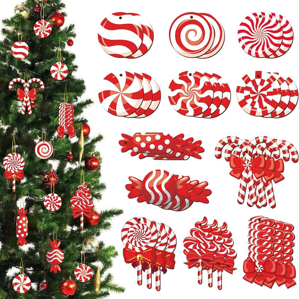 Douxie Red 33Pcs Mini Christmas Tree Decorations Set, Resin Miniatures Peppermint Swirl Candy Cane For Xmas Tree, Holiday Party Décor