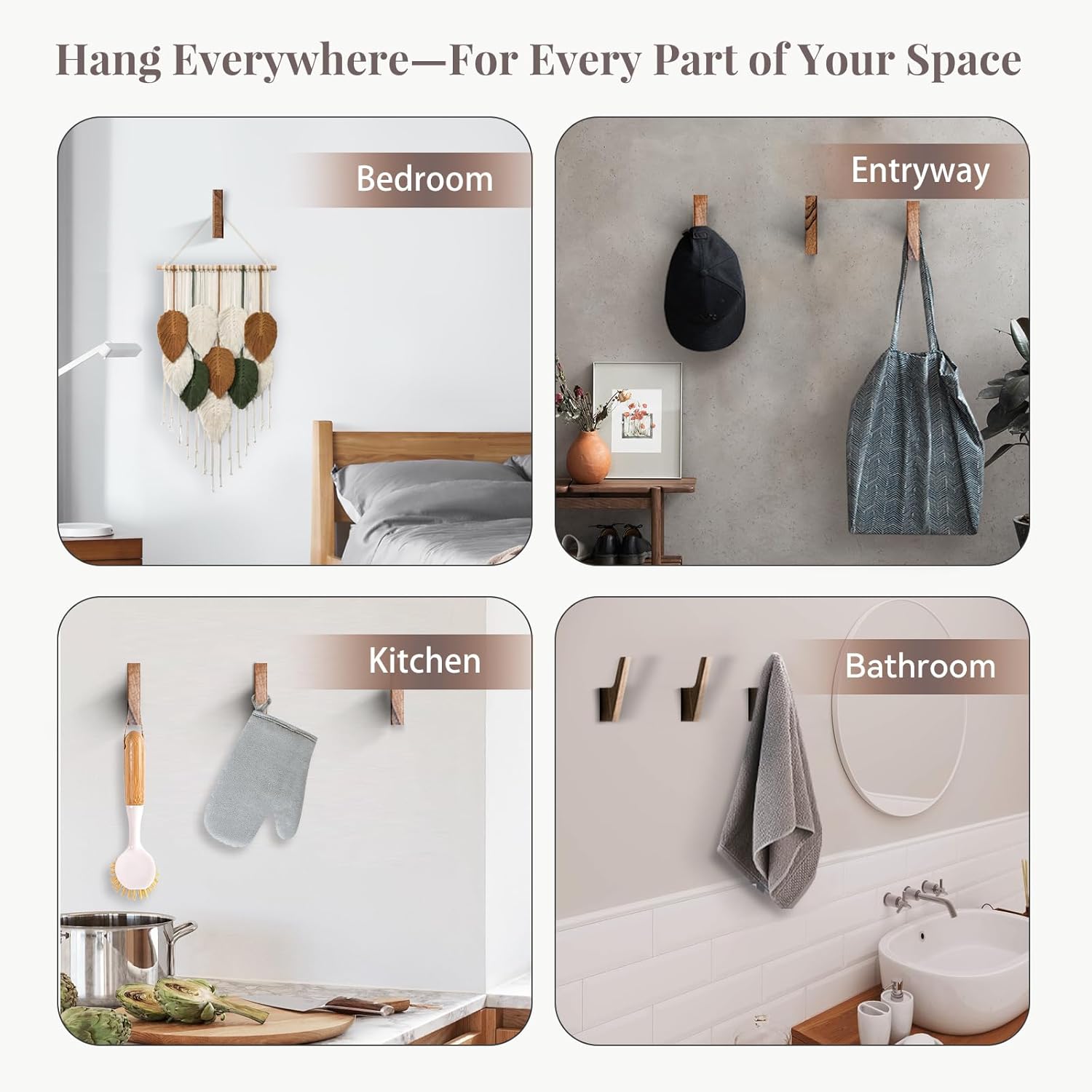 4-Pack Solid Walnut Wall Hooks, Coat & Entryway Hooks for Bathroom/Kitchen, Wall-Mounted with Screws, Anchors & Template, Holds Coats, Backpacks, Towels, Aprons (22 lb Each)