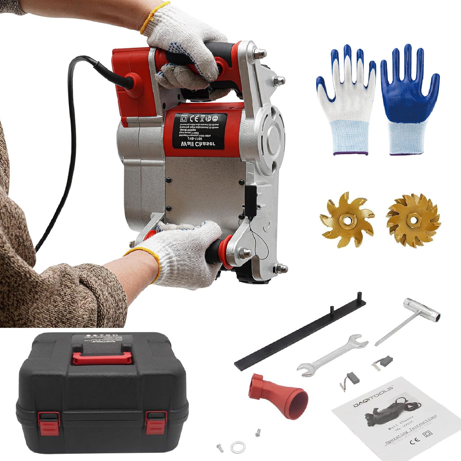 SENJINGHUA Handheld Wall Chaser, 25/35mm Concrete Cutting Slotting Machine with Dust Extraction Port and Anti-Self-Locking Switch, Wall Chaser Slotting Machine Adjustable Grooving Depth Red-220V