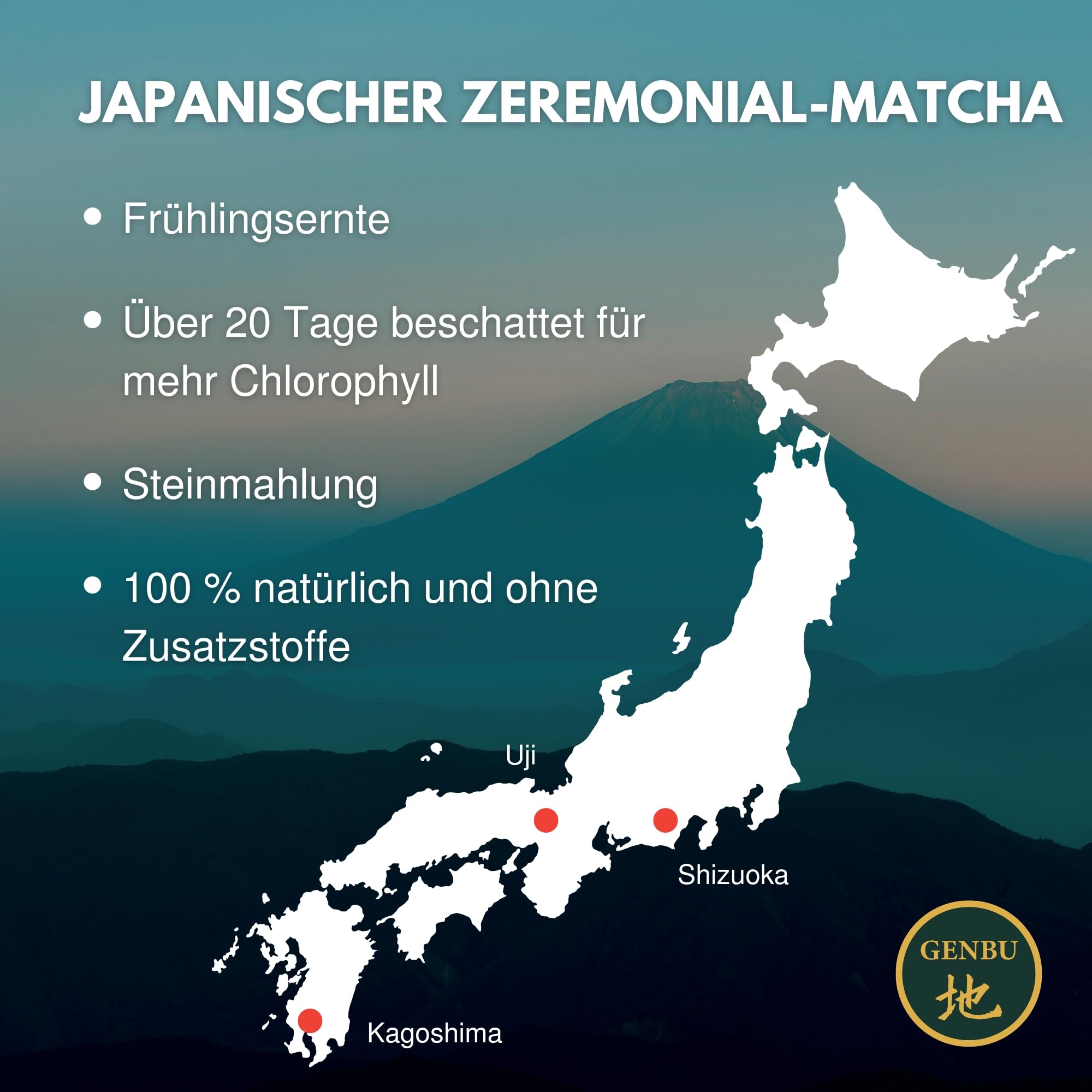 GENBU MATCHA | Japanischer Zeremonieller Matcha-Tee | 100 g | Premium Grüner Tee in Pulverform | Herkunft Japan | 100% Natürlich & Rein | Ideal für Matcha Latte, Zeremonie & Rezepte | Glutenfrei
