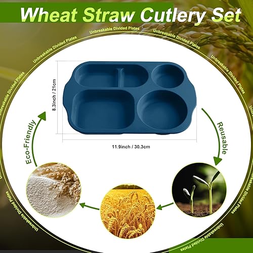 Miniatura 2 de Tanlade 8 platos divididos irrompibles de 12 pulgadas, bandeja de alimentos con 5 compartimentos, paja de trigo, bandejas de almuerzo para adultos,