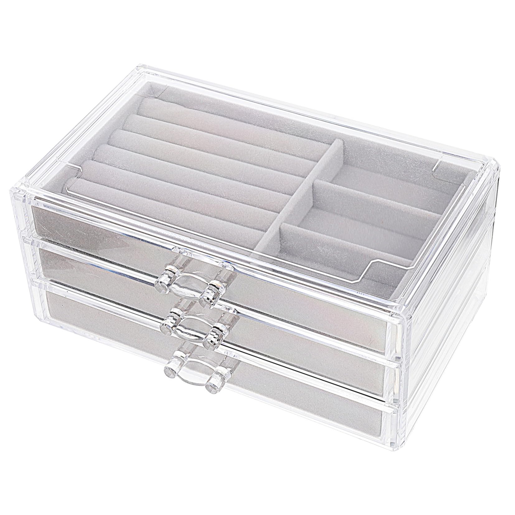 POPETPOP Scatola Porta Gioielli in Plastica Grigia con Organizer da Scrivania per Camera da Letto con Scomparti Multipli Antipolvere e Design Elegante